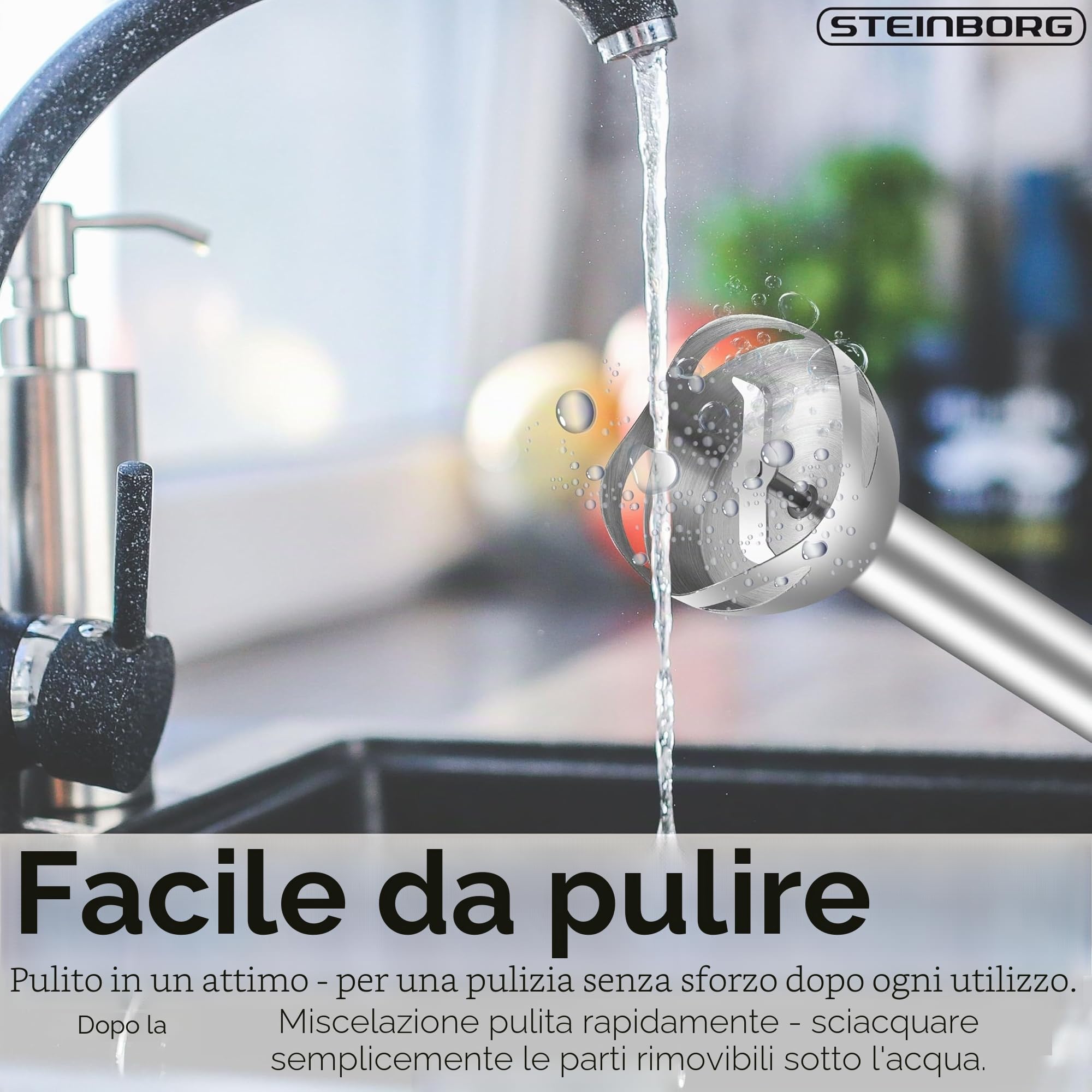 Steinborg Frullatore a immersione, 1.500 Watt, in acciaio inox, frullatore ad immersione, tritatutto – 500 ml, contenitore di miscelazione in acciaio inox, funzione turbo, frullatore a mano
