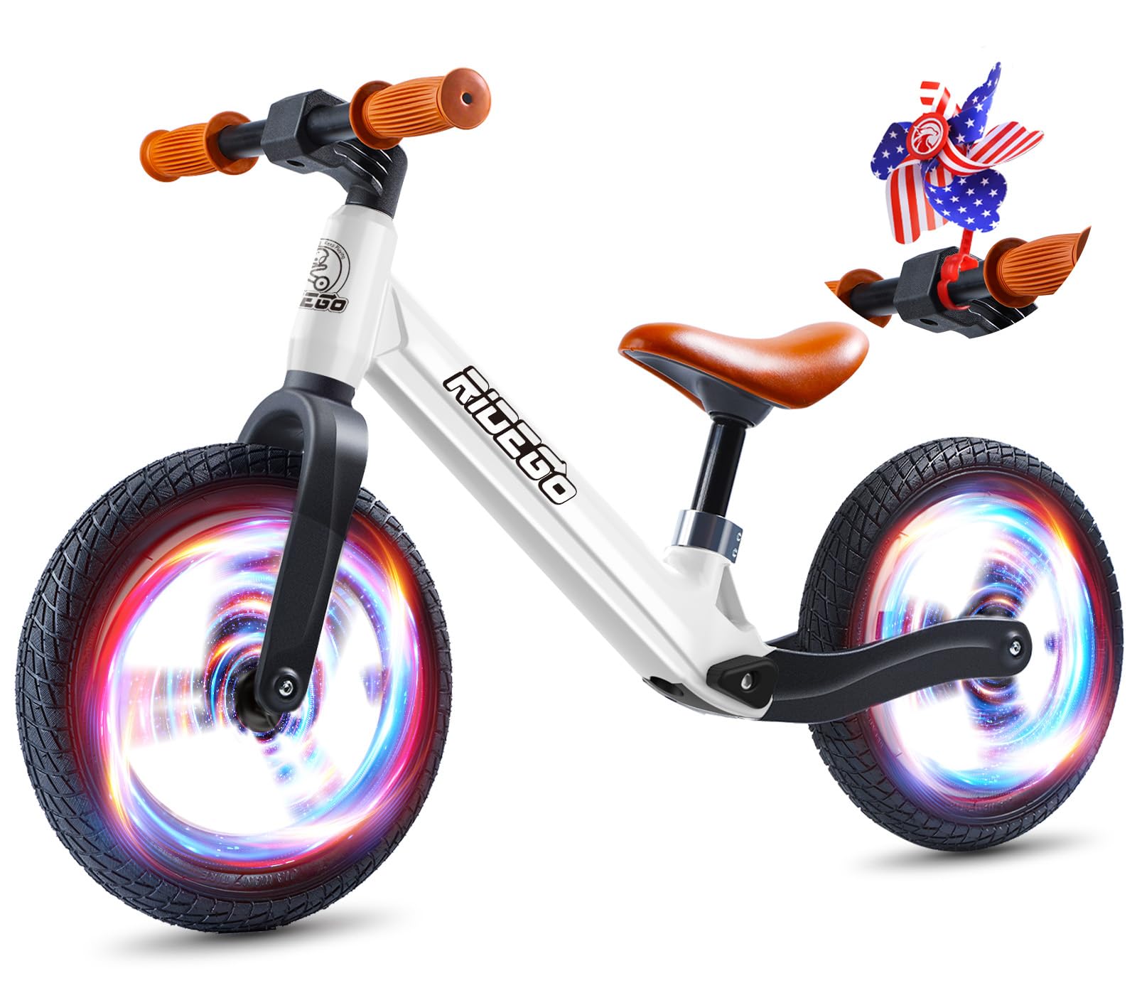 Ridego Toddler Balance Bike 2 Year Old,12Inch Colorful Lighting Kids Bike,Lightweight Push Bicycle with Adjustable Seat, Ride-on Toys Birthday Gift 2 3 4 5 Year Old Boys Girls,White