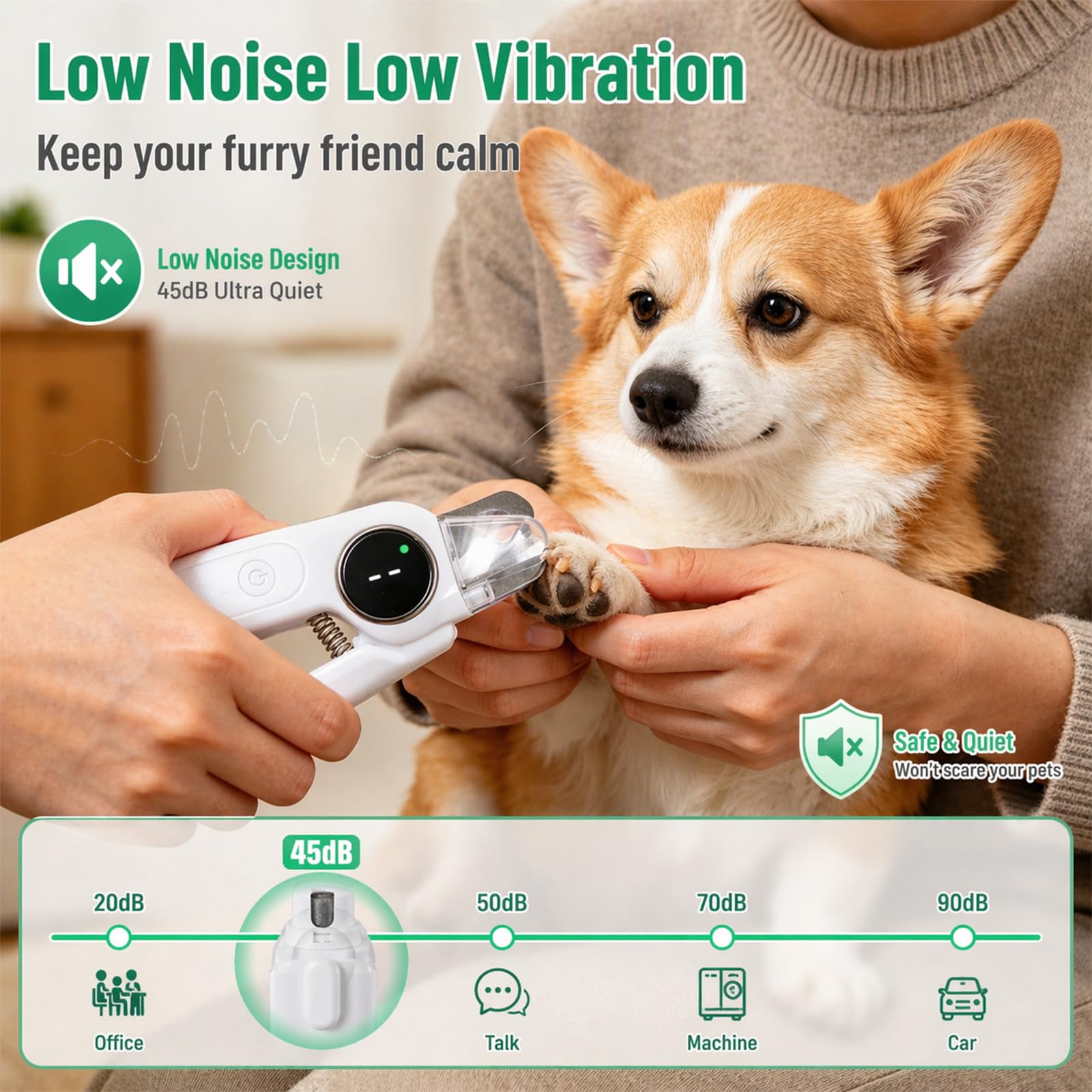 2-in-1 Krallenschere für Hunde mit Licht & Schleifer, LED Krallenschneider für Hunde & Katzen, Krallenschleifer für Hunde 3 Modi, Leise, Auffangbehälter, USB-C, Nagelknipser Haustiere