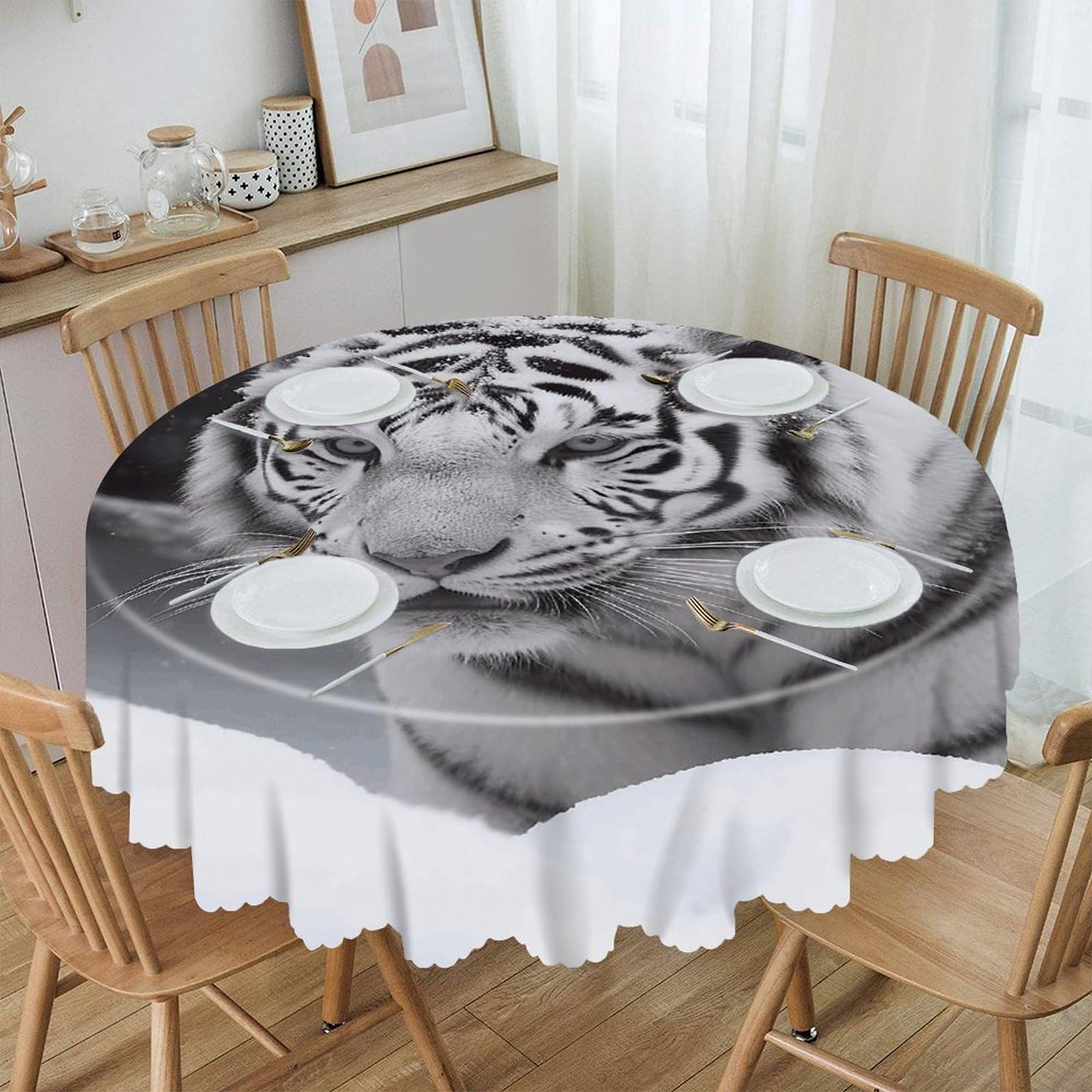 LZQPOEAS White Tiger in The Snow Round Tablecloth Rustic Circle Table Cloth Wrinkle Resistant Decor Tablecloth Waterproof Washable Table Cover for Kitchen Party Dining Table 60 Inch