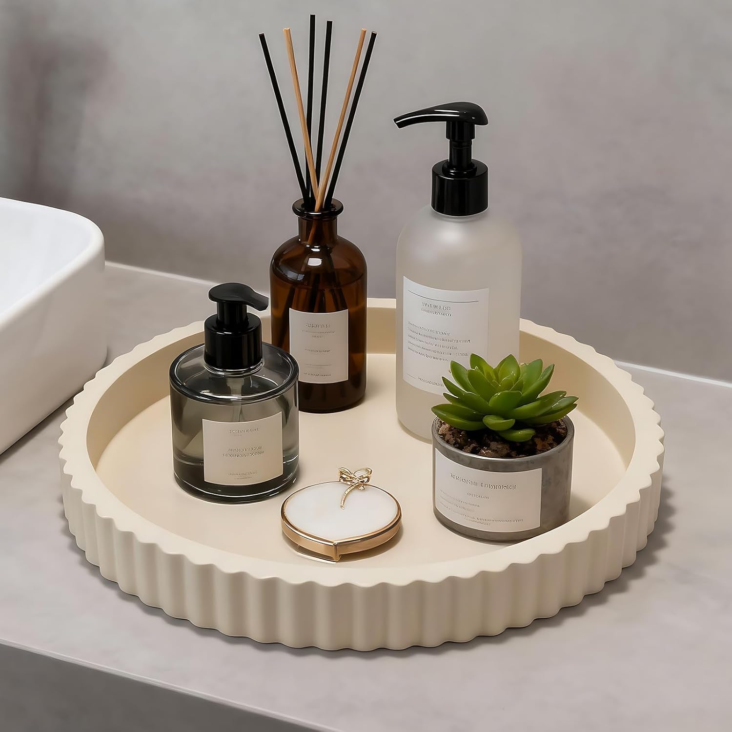 Decorative Tray for Coffee Table, 12'' Resin Modern Decorative Tray for Home Decor, Elegant Table Centerpiece Cream White Round Fluted Serving Vanity Tray for Bathroom Kitchen Living Room Decor