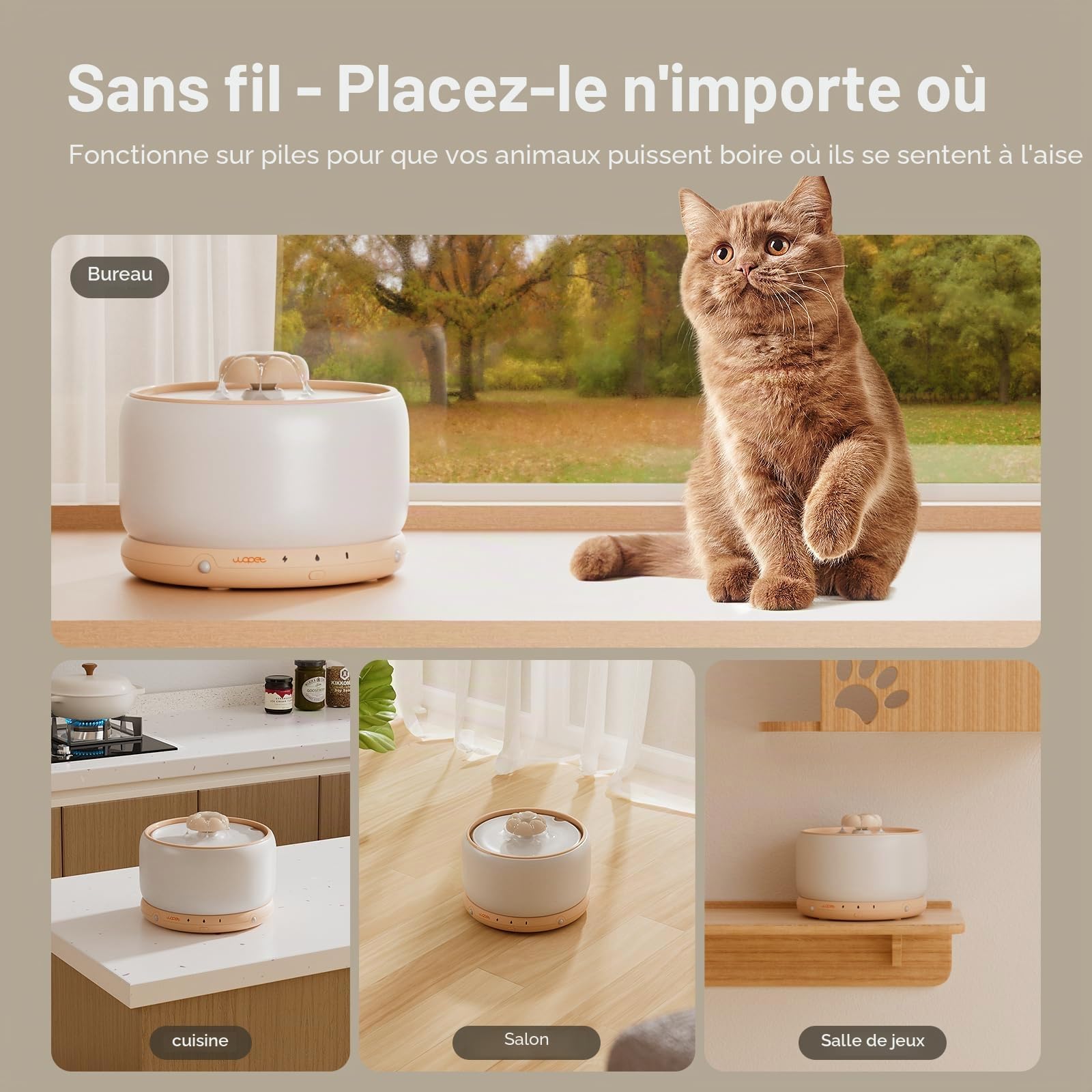 WOPET Fontaine à eau sans fil en céramique pour chat avec batterie rechargeable de 5000 mAh, distributeur d'eau de qualité supérieure de 3 L pour chats et petits chiens, ultra silencieuse et triple