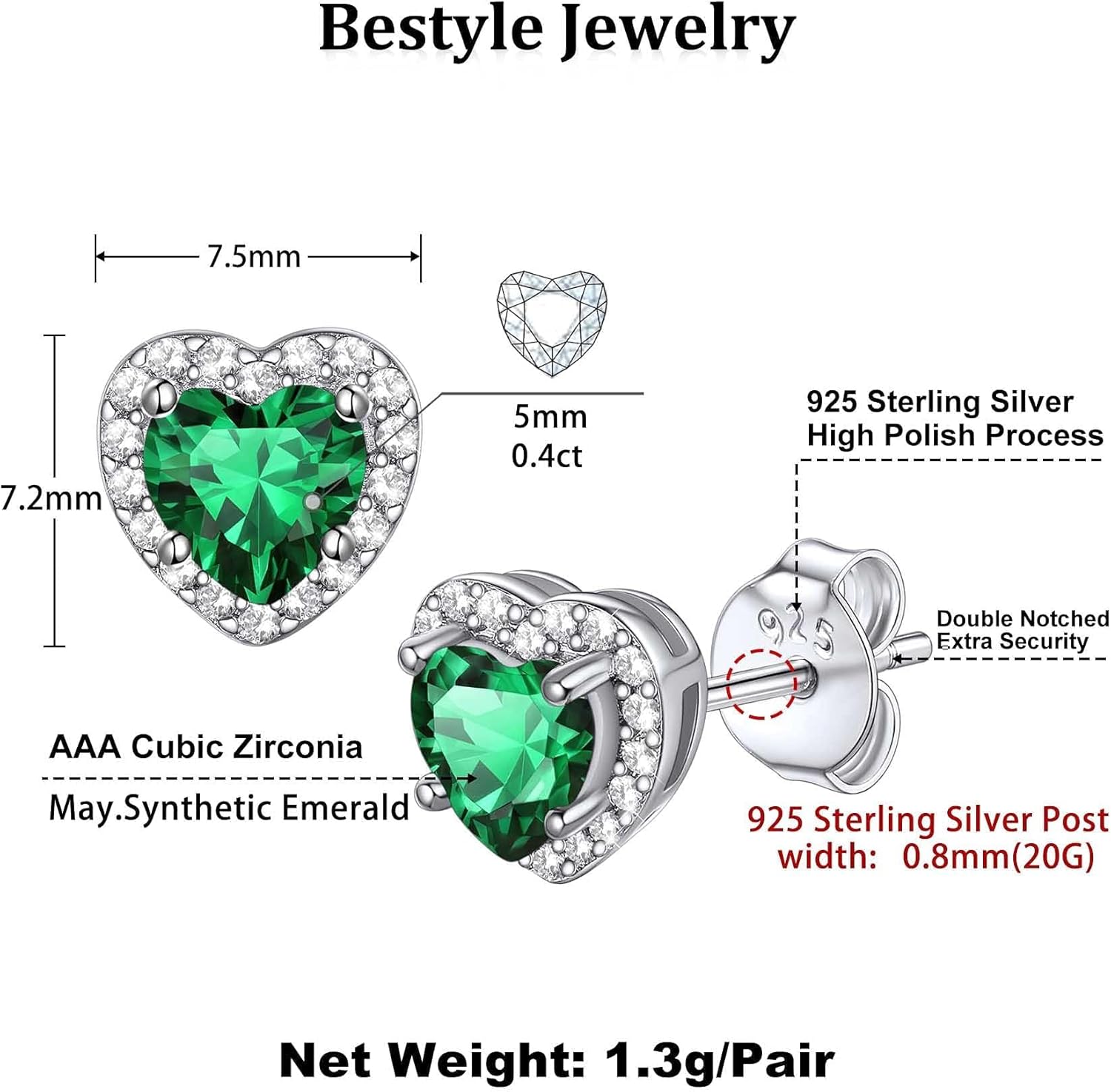 Bestyle Sparkling 925 Sterling Silver Birthstone Stud Earrings for Women, Heart/Round/Teardrop/Square Solitaire Diamond Studs Earrings, Great Birthday/Christmas Gifts