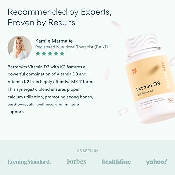 Bettervits Vitamin D3 5000 IU & K2 for Women & Men, Bone Health | 60 Ct