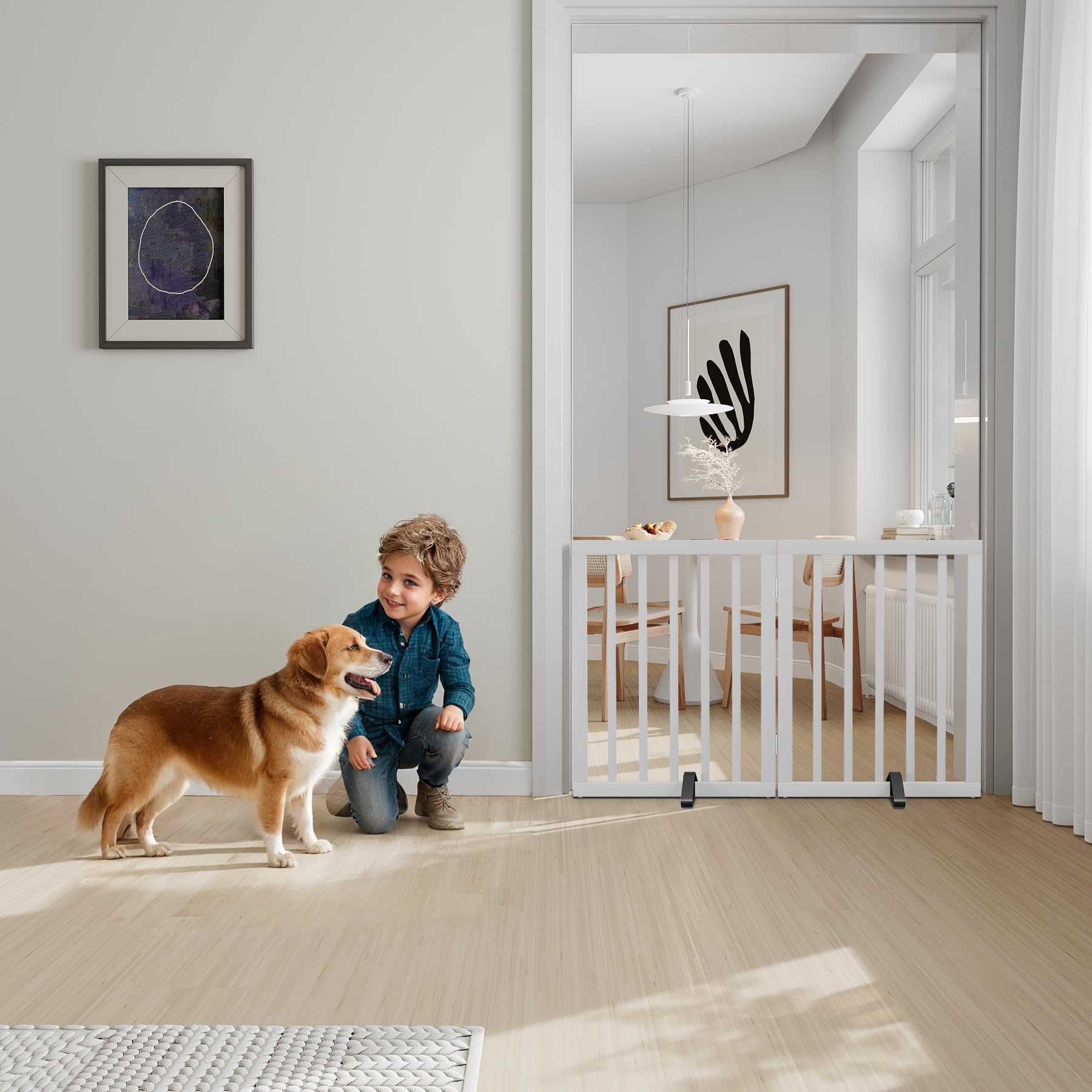 Semiocthome Puertas de bambú independientes para perros, 2 paneles, puertas interiores para cachorros, 24 pulgadas de alto, blanco