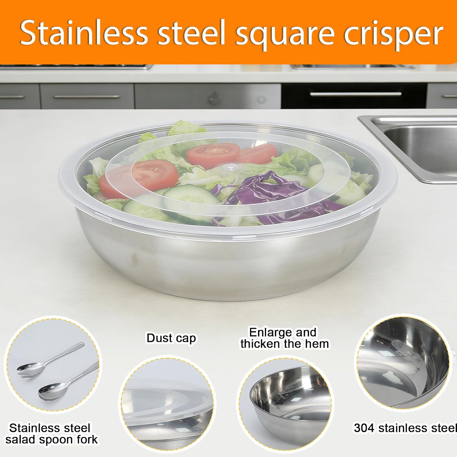 Extra Large 6.3 QT Stainless Steel Mixing Bowl with Lid and Salad Servers, Wide Mouth Salad Serving Bowl, Stackable Food Prep and Storage Bowl for Kitchen, Fruit, Pasta, Party & Leftovers