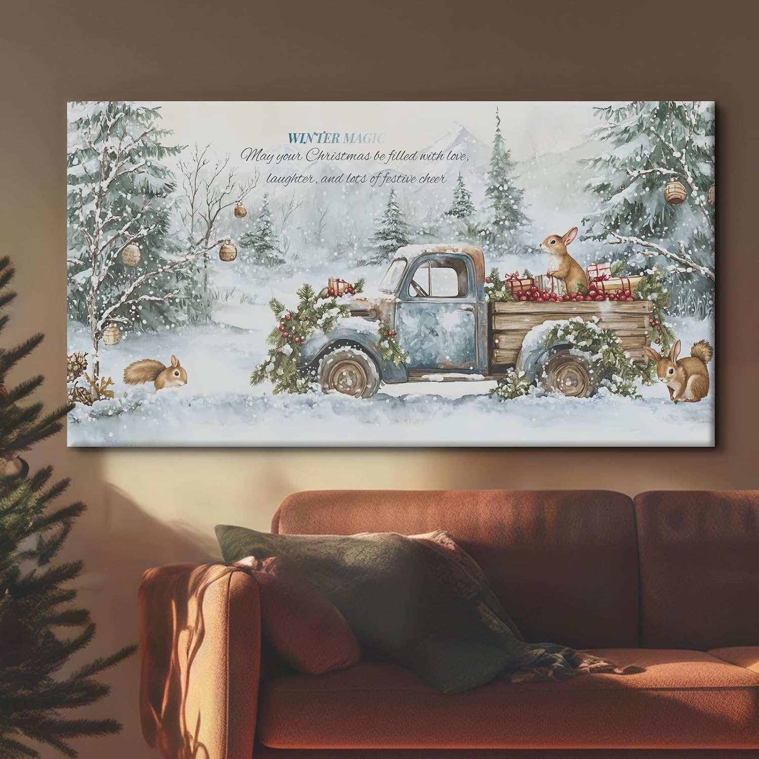 Craftline Vintage Christmas Truck Canvas Wall Art Rustic Blue Pickup Vehicle with Squirrels Rabbit Gifts Pictures Winter Snowy Pine Trees Landscape Poster Prints Holiday Artwork For Living Room 32x16”