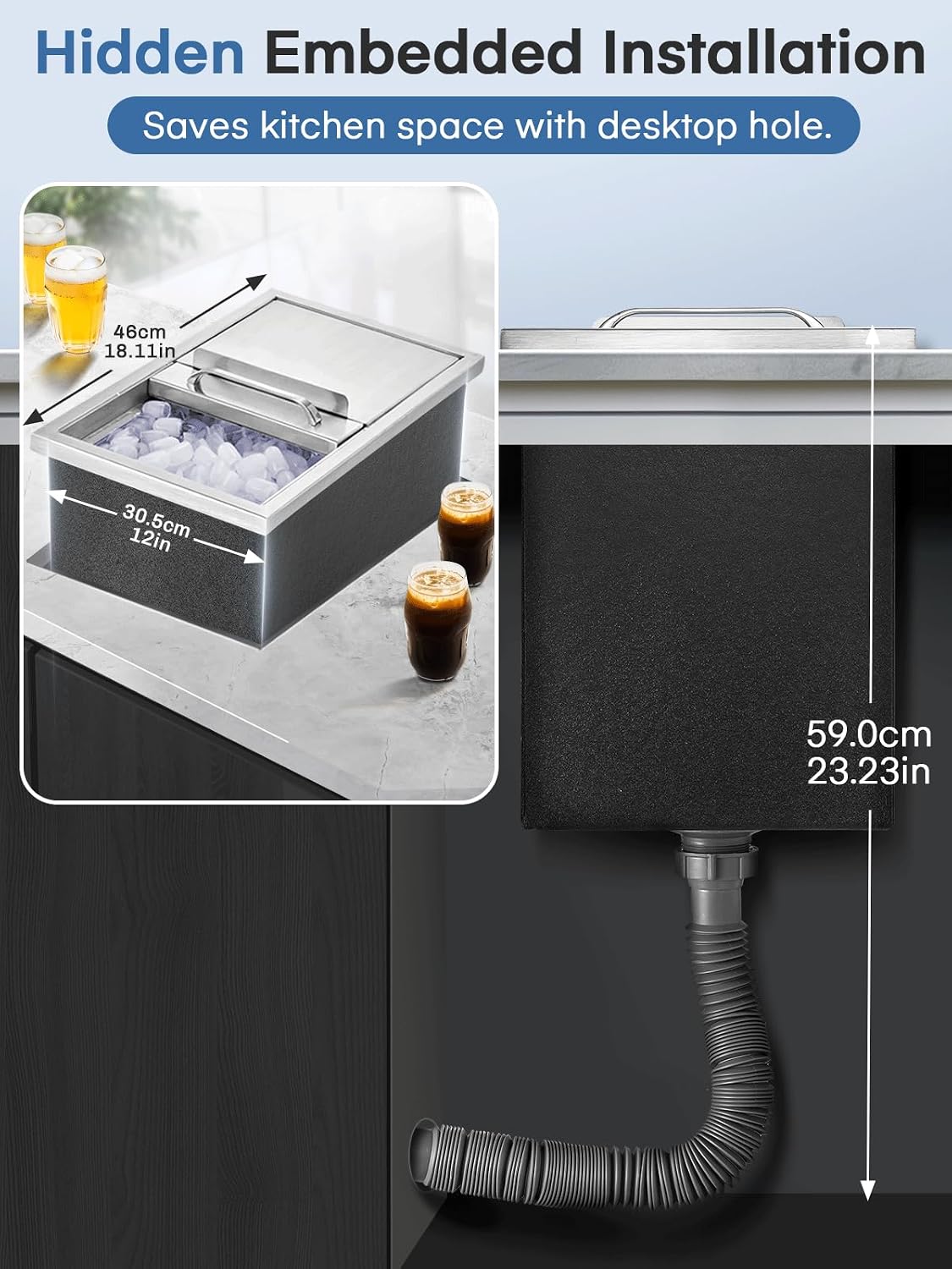 Drop in Ice Chest, 18L x 12W x 14.5H inch Stainless Steel Ice Cooler, Commercial Ice Bin with Sliding Cover, 40.9 qt Outdoor Kitchen Ice Bar, Drain-Pipe and Drain Plug Included, for Cold Wine Beer