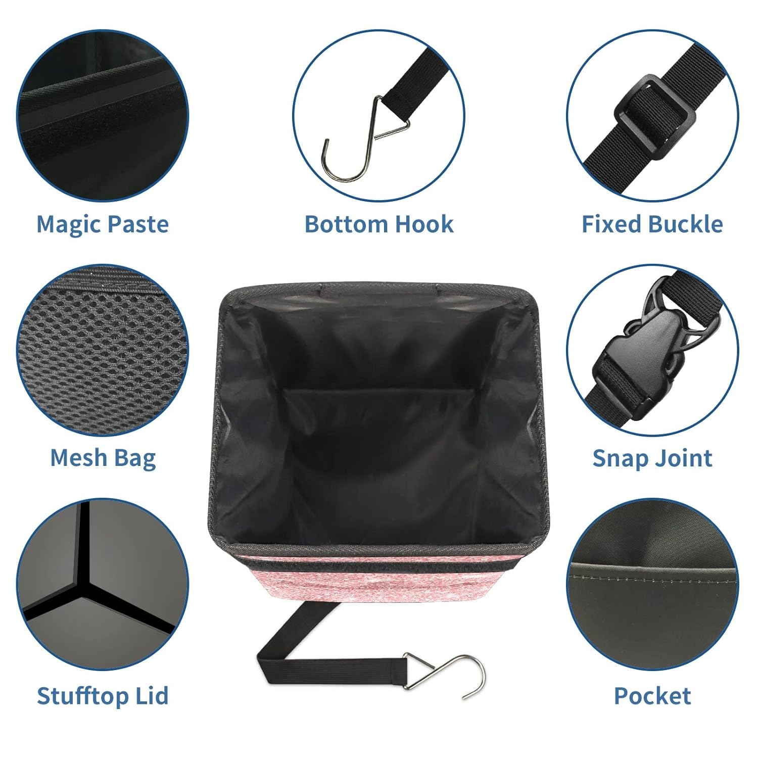 Car Trash Can Rose Gold Glitter Auto Garbage Bag Car Trash Can with Lid Leak-Proof Car Storage Bag Auto Garbage Bag Hanging for Headrest Collapsible and Portable with Storage Mesh Pocket