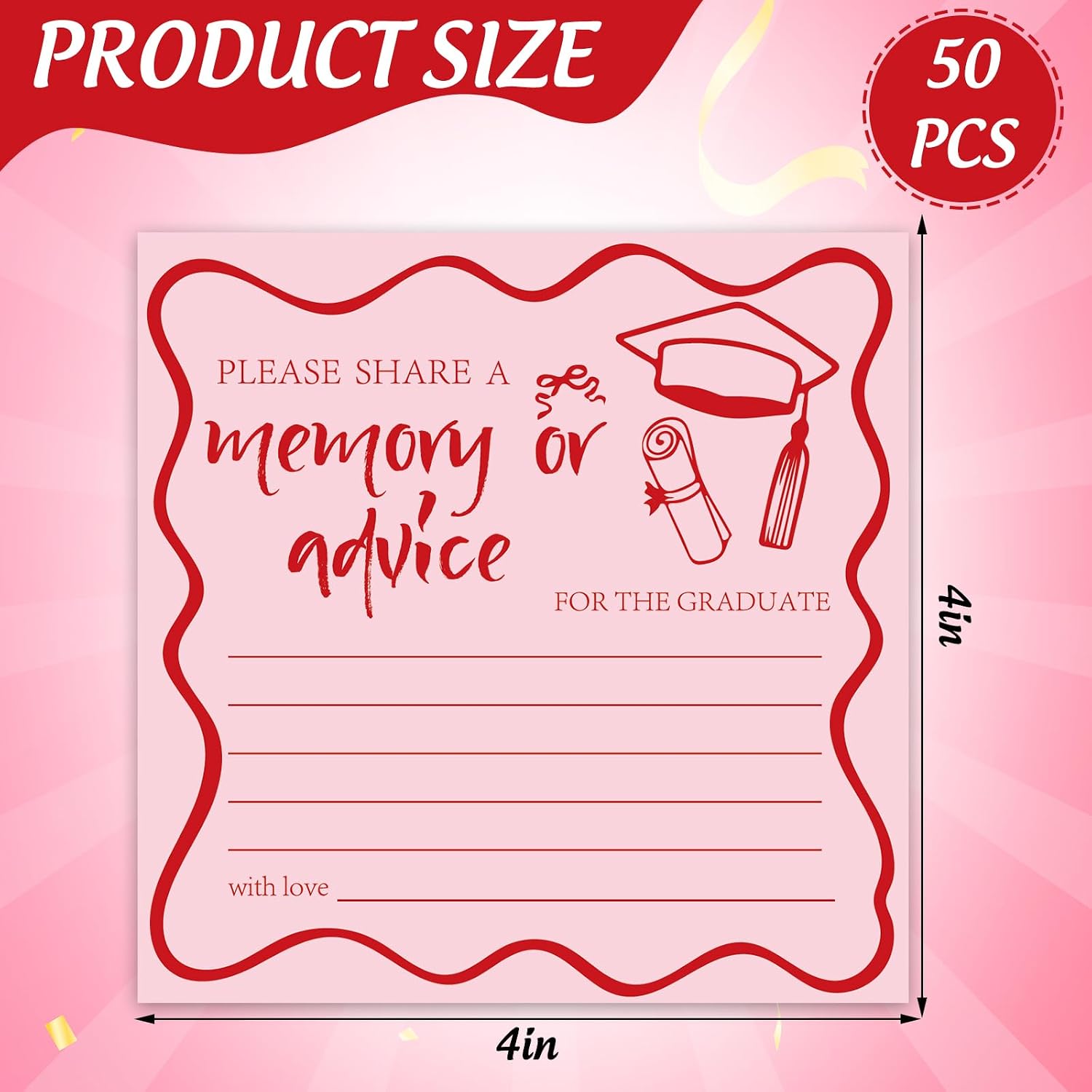JarThenaAMCS 50Pcs Pink Graduation Memory or Advice Cards Single Sided Congrats Grad Message Card with Cap & Diploma Design for Girls High School College Kindergarten Graduation Party Favor Supplies image 2