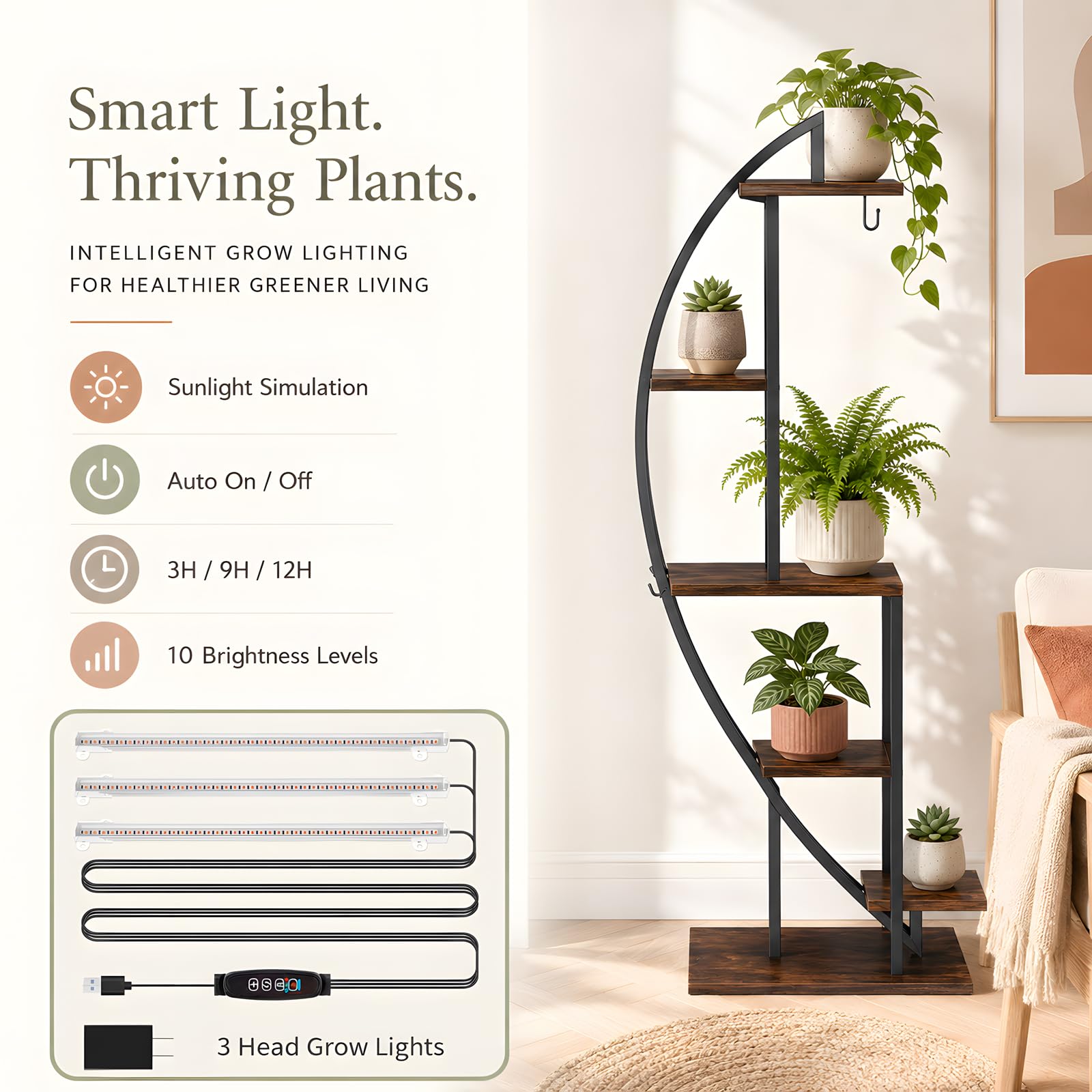 Bücherregal im Industrie Design mit LED Pflanzenlicht 1 Stück halbmodförmiges Eckregal Holz Metall schmales Standregal für Flur Wohnzimmer neben Sofa Schlafzimmer 50x30x160 cm