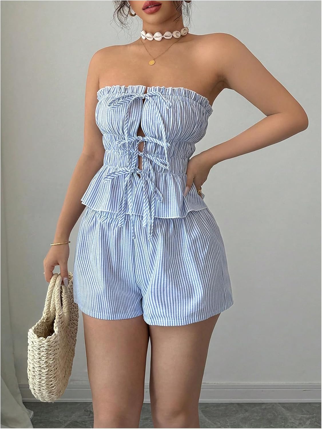 WDIRARA Women's Striped 2 Piece Set Tie Front Ruffle Bandeau Shorts Outfits - Image 3