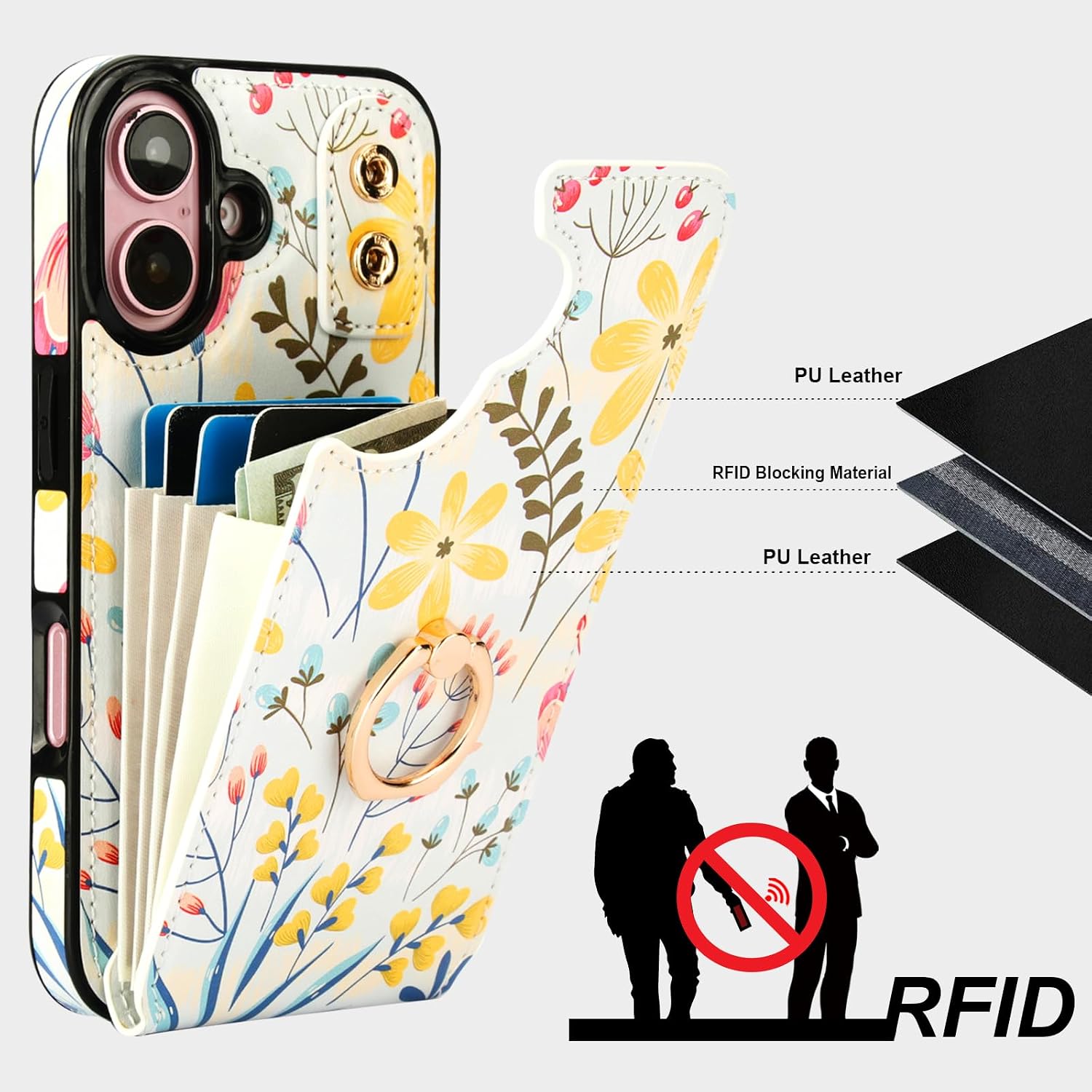 HAOPINSH for iPhone 16 Wallet Case with Card Holder, 360°Rotation Ring Kickstand, Floral Flower Pattern, RFID Blocking Leather for Girls Women, Double Buttons Protective Cover 6.1"