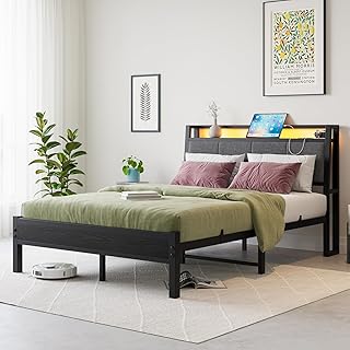 FOUBAM Double Bed Frame, Bed Frame Double with Charging Station and LED Lights, Heavy Duty Platform Bed Frame with Fabric Storage Sloped Headboard, No Box Spring Needed, Metal Slats Support(Black)