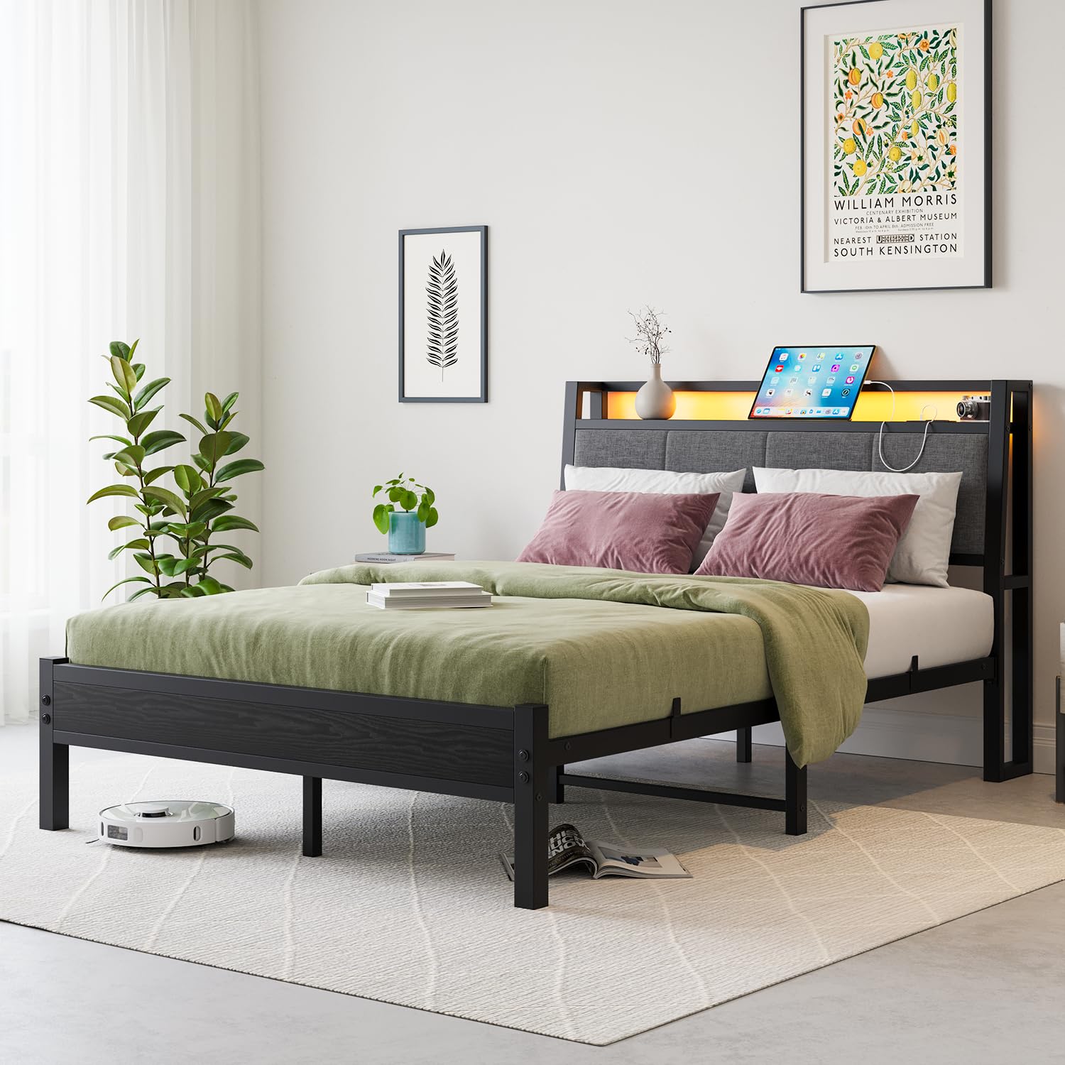 FOUBAM Double Bed Frame, 4FT6 Bed Frame Ergonomics Double with Charging Station and LED Lights, Heavy Duty Platform Full Bed with Fabric Storage Sloped Headboard, No Box Spring Needed, (Black)