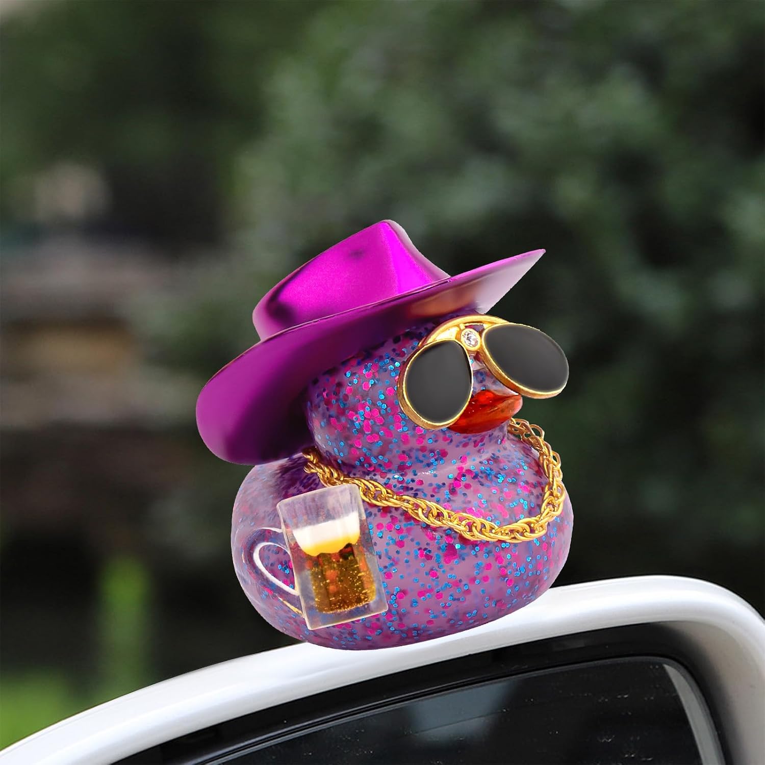 wonuu Car Decorations Beer Rubber Ducks, Dashboard Rubber Ducky for Car Ornament Cute Duck with Laser Cowboy Hat, Glasses, Necklace, Golden Beer-Purple