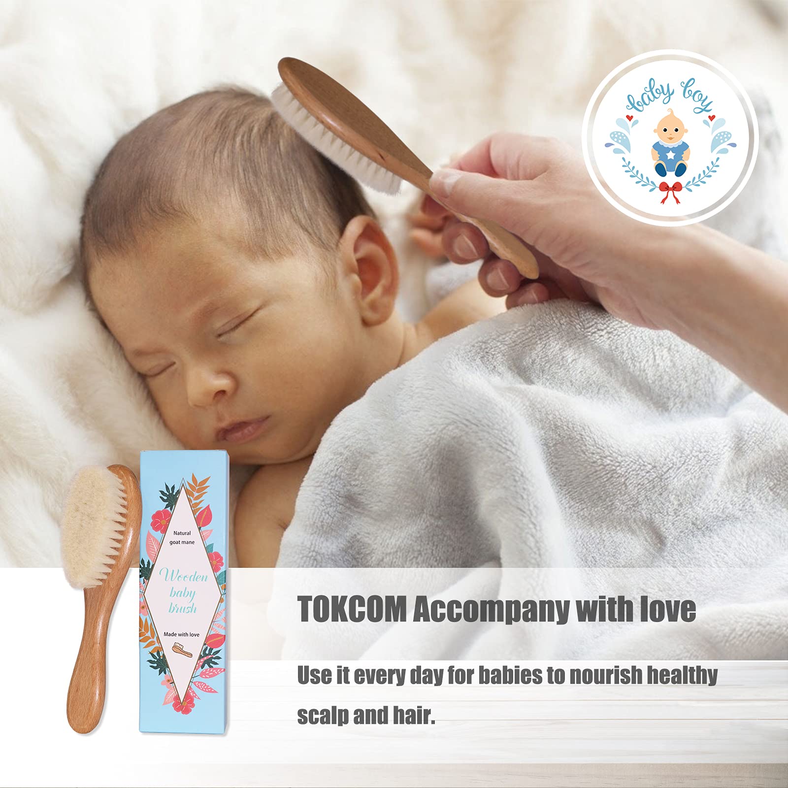 Spazzola per capelli per bebè, Spazzola per massaggi per bebè con manico in legno e setole di capra super morbide per neonati e bambini piccoli