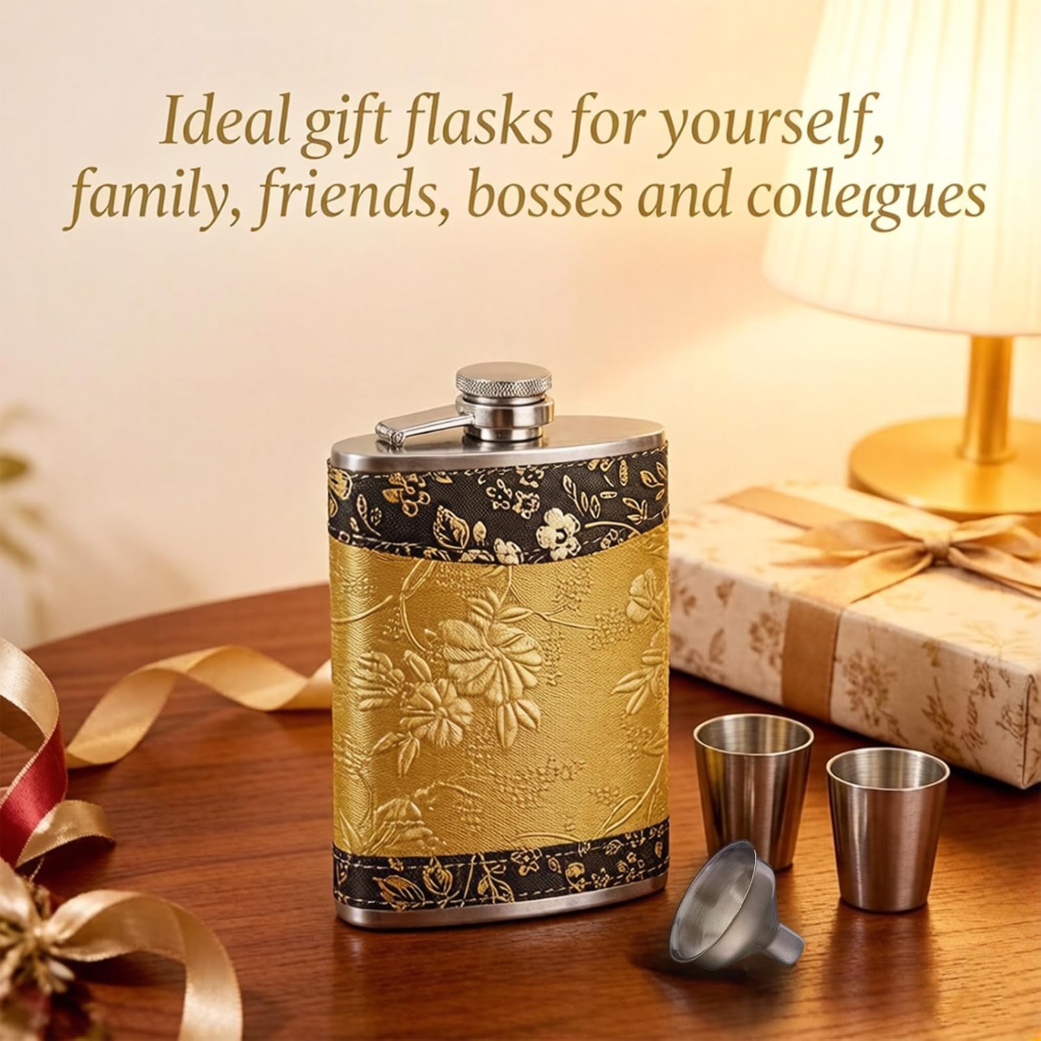 Glossy Gold Flower Leather Hip Flasks with Funnel, 8 oz Hip Flask for Liquor for Women