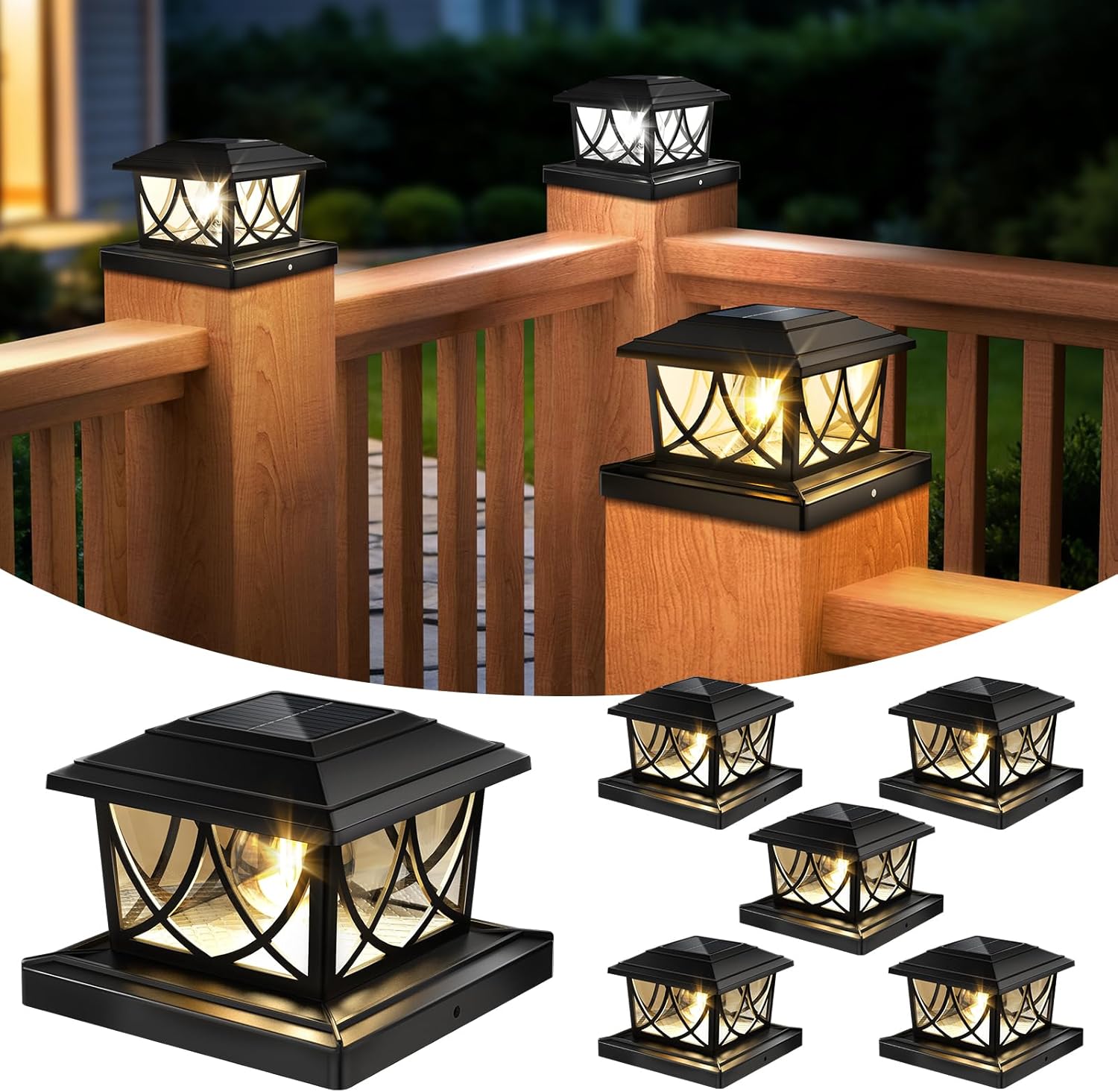 NIORSUN Solar Post Lights Outdoor, Fence Post Solar Lights with 3 Color Temps &2 Brightnesses, Edison LED Bulbs Fence Deck Decor, 4x4 Posts Caps, 4x4 &5x5 Vinyl, 4x4 &6x6 Wooden (6 Pack,Black)