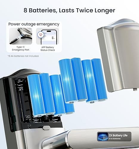 Miniatura 6 de Veise VE029 - Cerradura de palanca inteligente WiFi, cerradura de puerta de entrada sin llave de huellas dactilares con asa, WiFi integrado, control