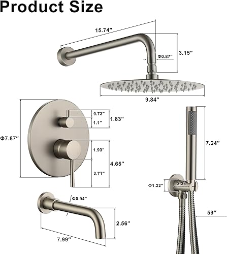 Miniatura 5 de Clihome Juego de sistema de ducha de 10 pulgadas con boquilla de bañera, sistema de cabezal de ducha con cabezal de ducha de mano, cabezal de ducha
