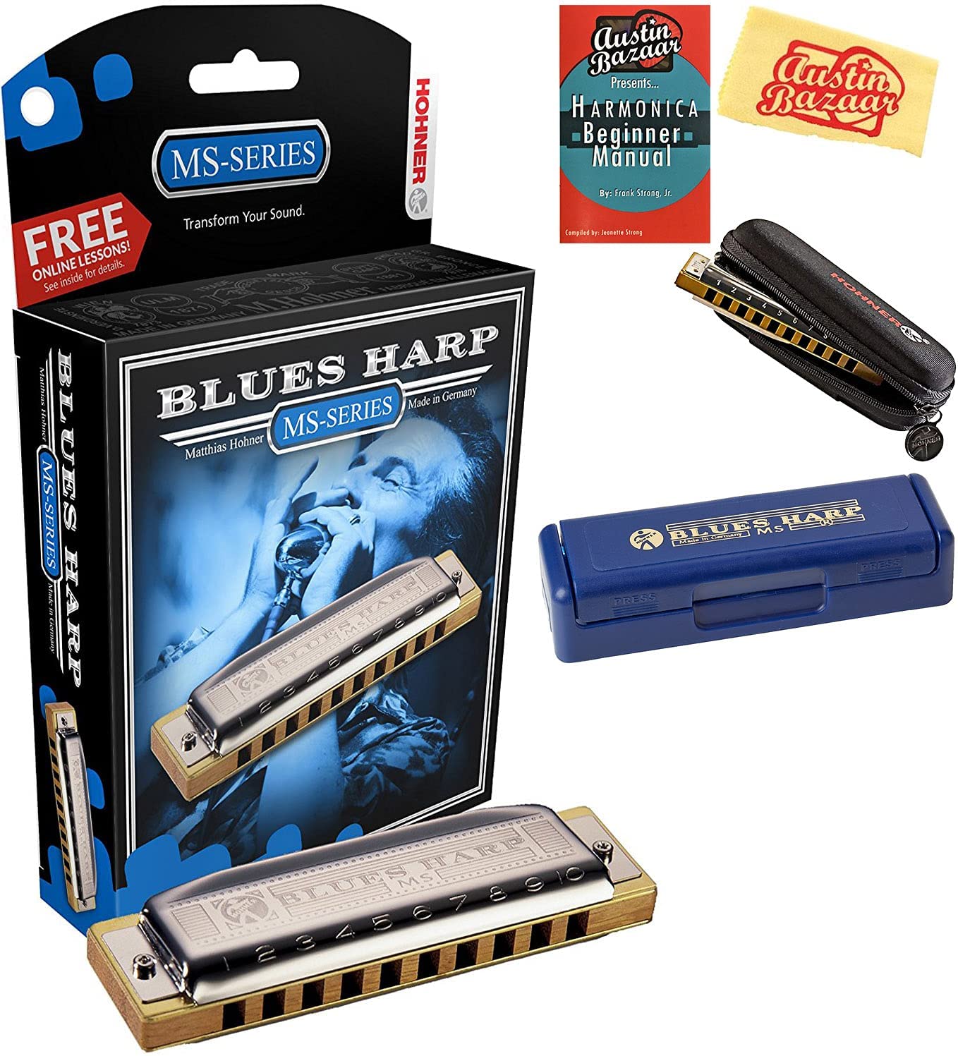 HohnerHarmonica 532 Blues Harp MS - Key of G Bundle with Case, Pouch, Harmonica Beginner Online Manual, and Austin Bazaar Polishing Cloth