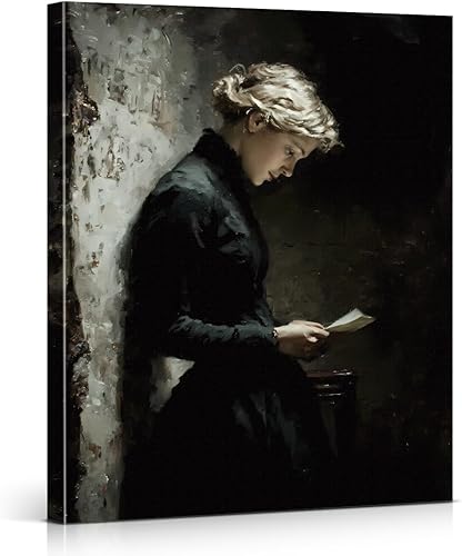 Arte de pared vintage oscuro de academia, elegante pintura de lectura para mujer, decoración de pared de estilo victoriano para el hogar, sala de