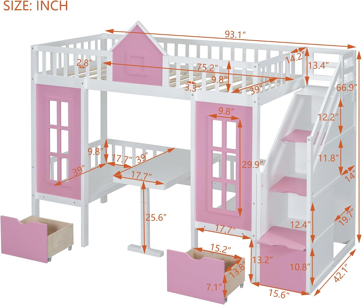 Twin Loft Bed with Desk and Stairs Twin Over Twin House Bunk Bed with Storage Wood Convertible Loft Beds with Table and Seat Set for Kids Teens, Pink