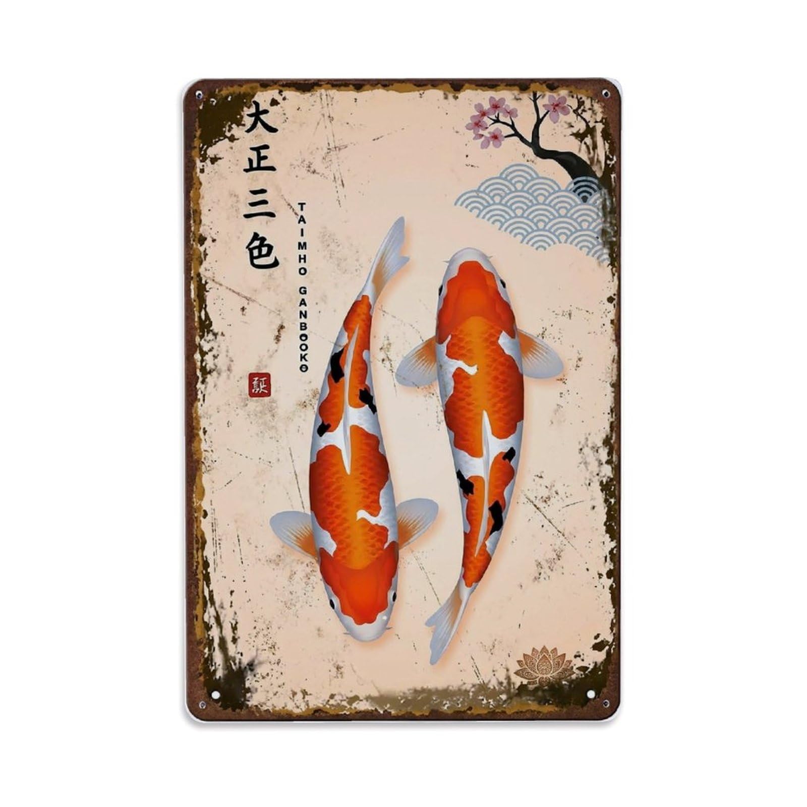 Sunrise Pond Koi Metal Tin Sign Plaque Wall Decor for Cafe, Club Bar, Office, Home Garden Metal Poster 8x12Inch