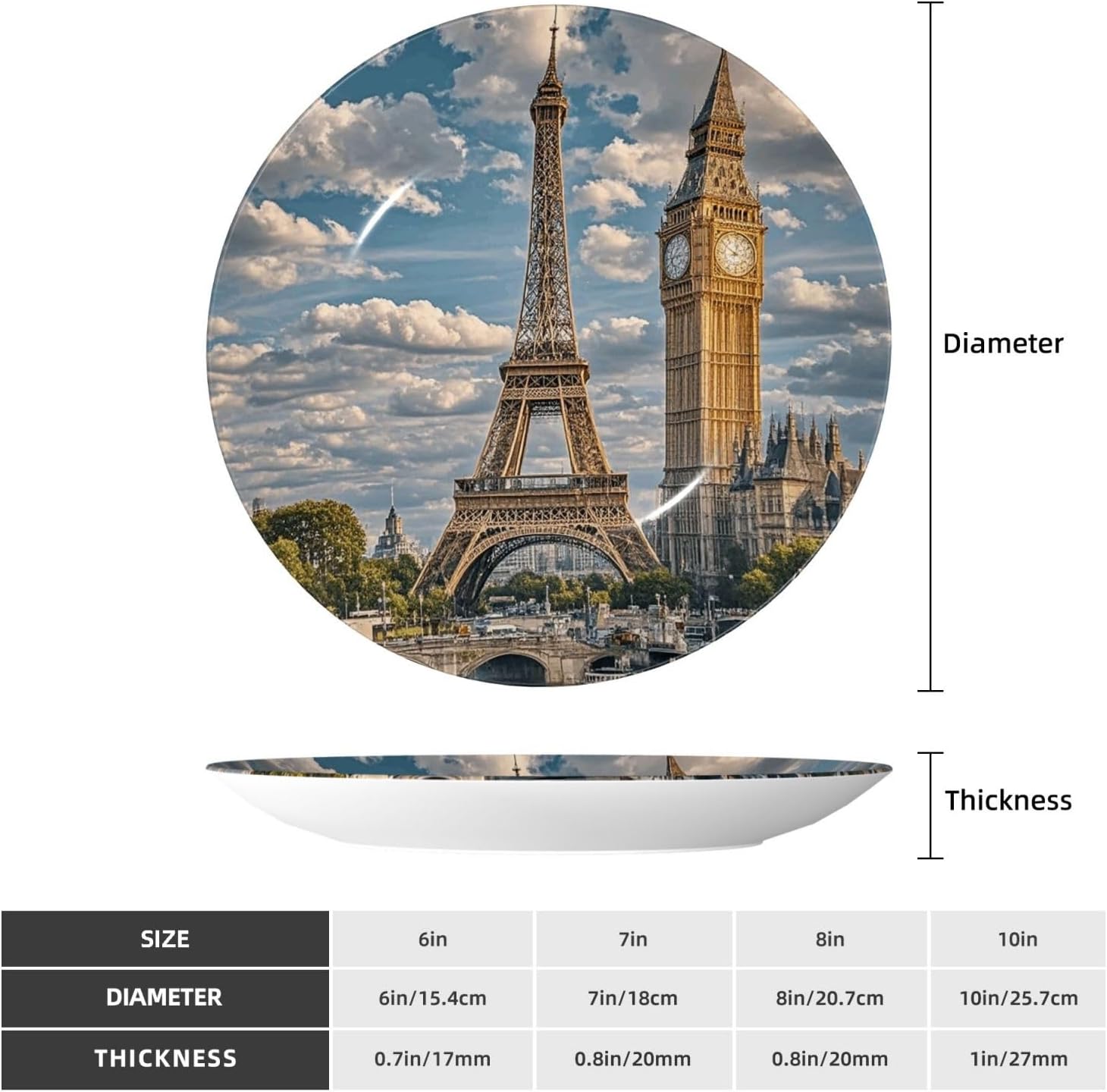 Bone China Decorative Plate with Display Eiffel Tower London Ceramic Plates Crafts Art Decor Dessert Plate Ceramic Ornament Porcelain Plates for Living Room Kitchen Table Home Decor