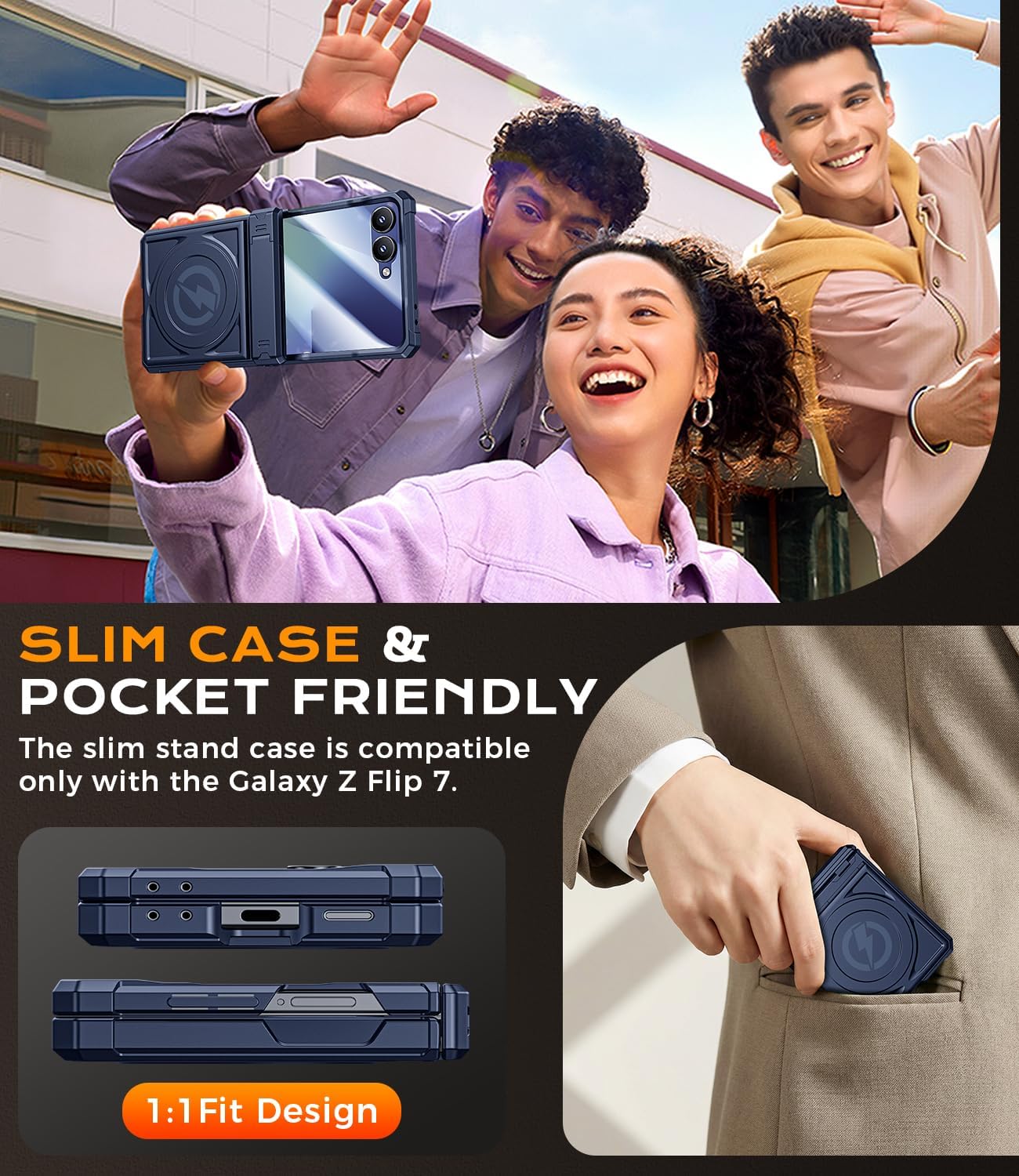 Magnetic case for Samsung Z-Flip-7: Full-Body Military Grade Protective Phone Case [Magsafe Compatible][Dual Kickstand] Heavy Duty Cover for Galaxy Z Flip 7 5G(2025) Blue