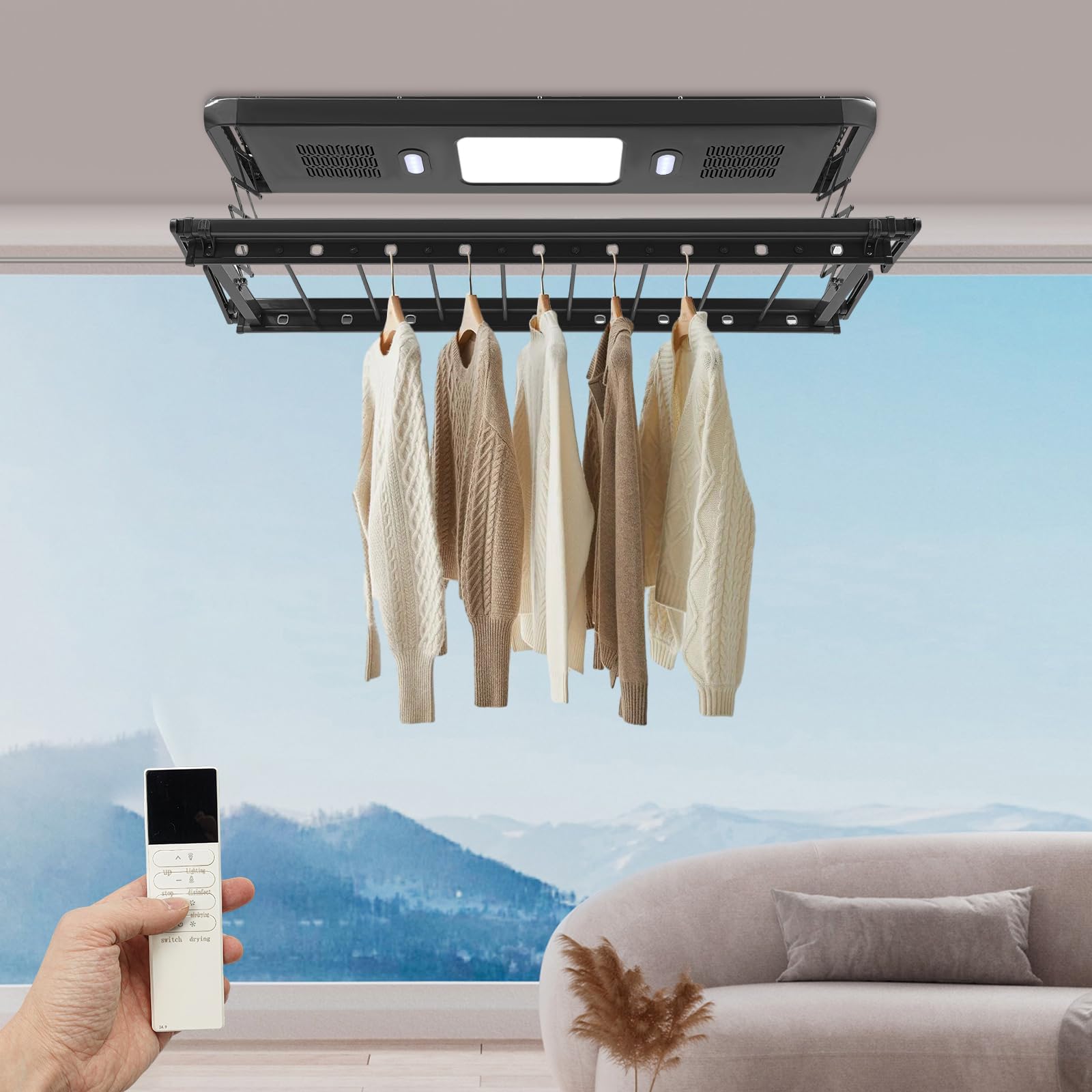 Stendibiancheria elettrico con telecomando, asciugacapelli a soffitto con illuminazione a LED, 2 ventilatori, funzione di sterilizzazione della luce blu, stendibiancheria da parete per balconi
