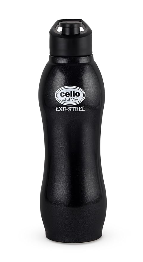 Cello Zigma Single Wall Stainless Steel Water Bottle, 1000ml, Black | Leak Proof & BPA Free | Wide Mouth for Easy Sips | Flip Top Lid | Refrigerator Safe | Best for School, Yoga, College & Office