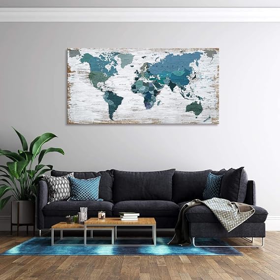 Teal Decor World Map Canvas Wall Art Pictures for Living Room Decoration Blue Wall Decor Office World Map Art Map of the world Picture Framed Artwork for Home Bedroom Decoration 20x40