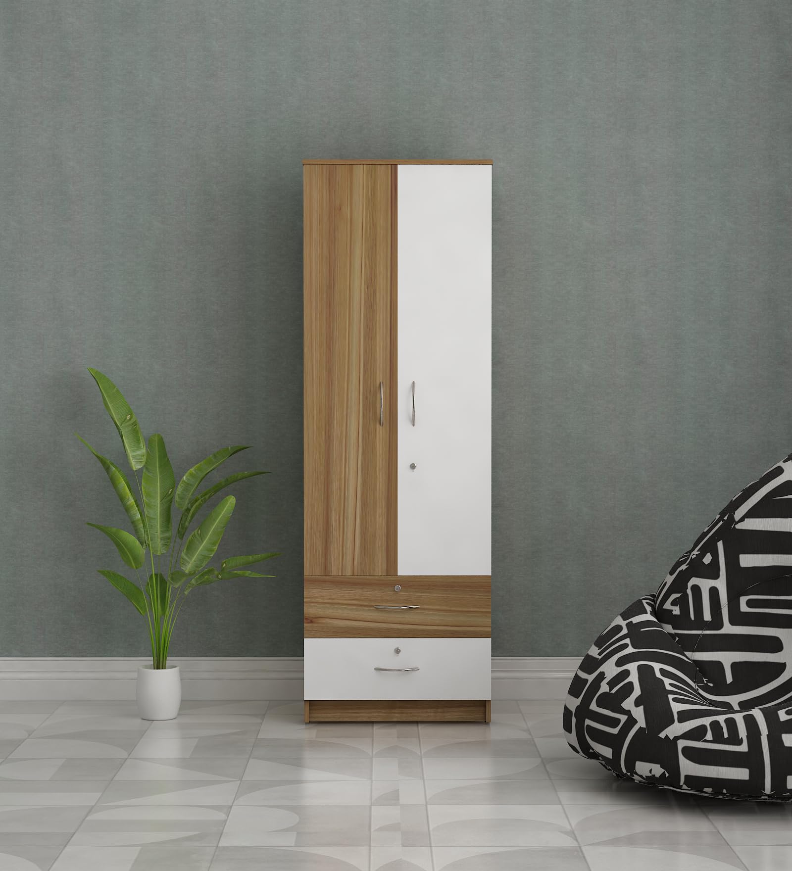 Ultra 2 Door Wardrobe | Engineered Wood Multipurpose Cupboard | 2 Shelves with Drawers | Lyon Teak White | Knock Down-image-28