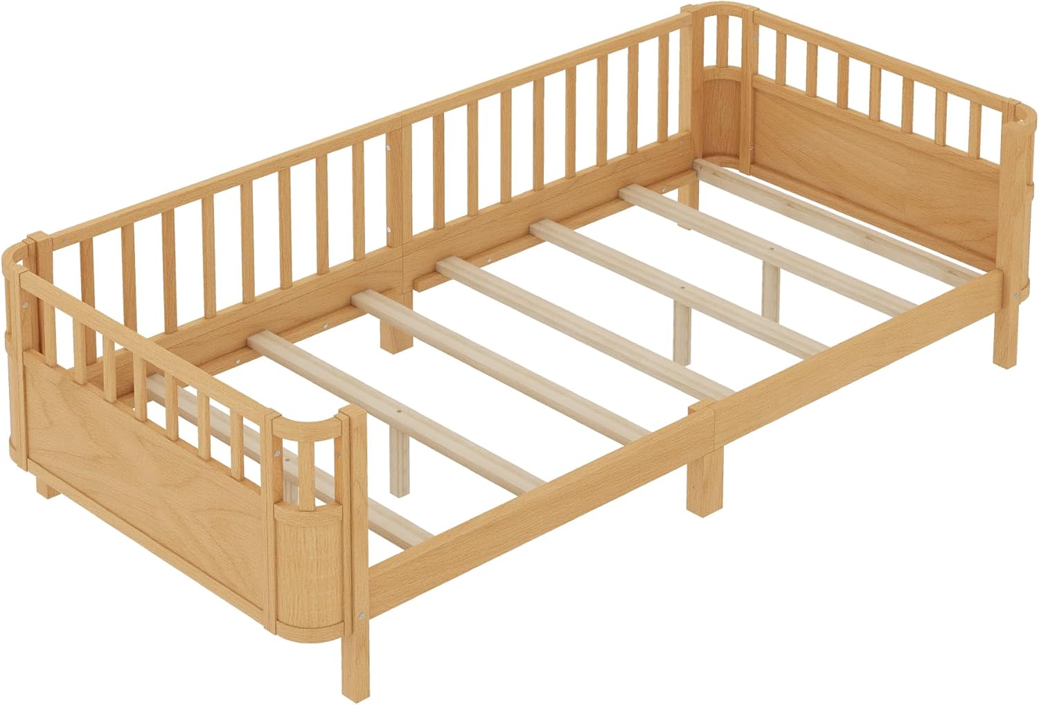 Bellemave Twin XL Montessori Bed with Fence & Slats, Platform Bed Frame with Detachable Side Rails, Rounded Corners, Safe & Easy Assembly, Natural Montessori Bed Twin XL