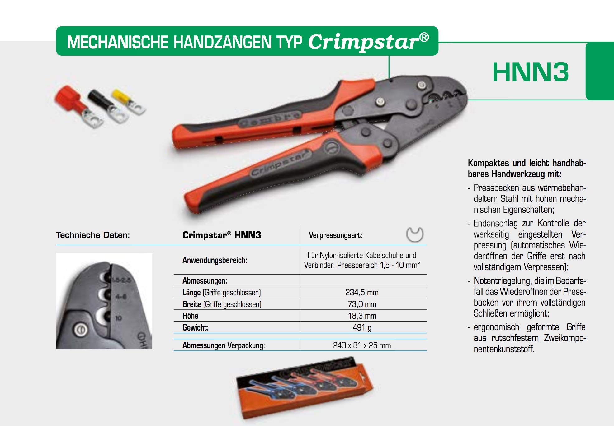 Meschan Pinza a Crimpare HNN3 per Capicorda e Connettori in Nylon 1,5-10mm² | Utensile manuale meccanico con impugnatura ergonomica antiscivolo, blocco di emergenza e ganasce in acciaio temperato.