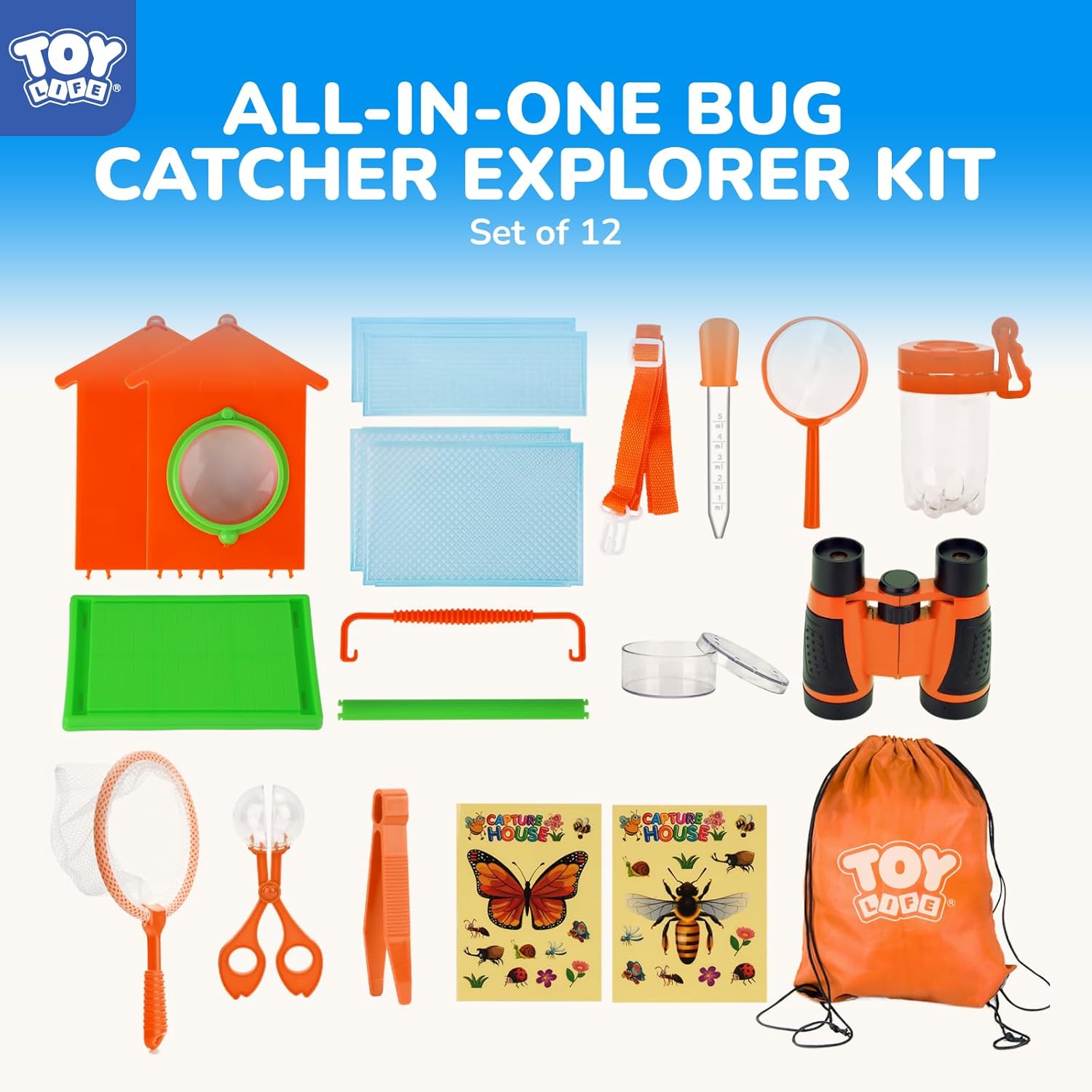 TOY Life Bug Catcher for Kids, Bug Catching Kit Kids Explorer Kit with Butterfly Net, Catching Tool, Tweezers, Magnifying Glass, Binoculars, Insect Catcher, Educational Outdoor Toys Kid Adventure Set