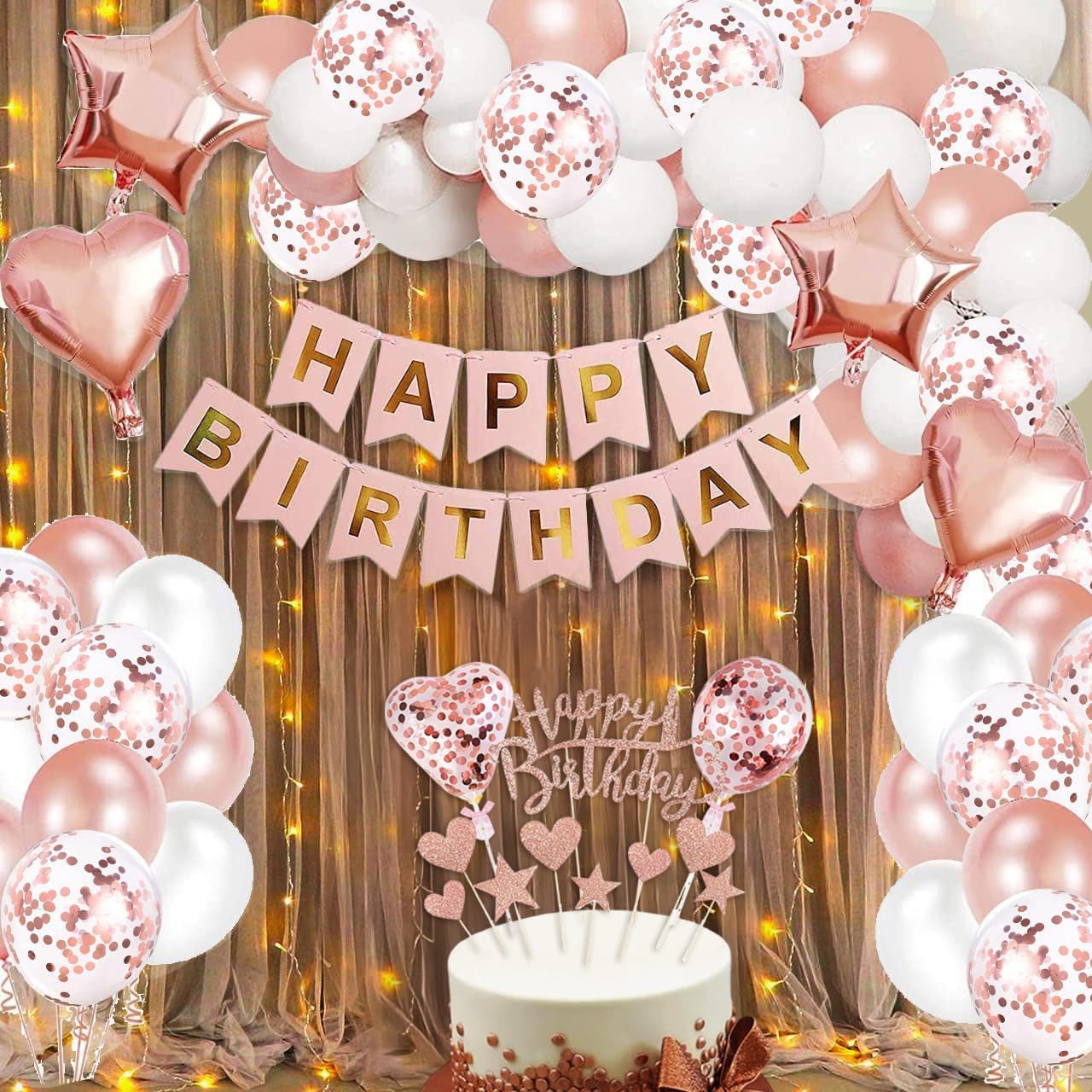 Party Propz Birthday Decoration Items For Girl-53Pcs|Rose Gold Happy Birthday Decoration Items Kit|Rose Gold Foil|Metallic Balloons For Decoration With Cake Toppers|Decoration Items With Lights