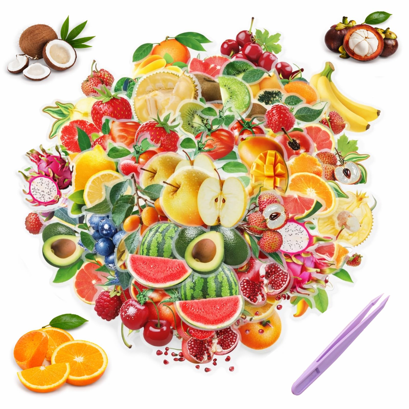 Waterproof Vinyl Fruit Stickers with 50 Lifelike Designs - 100 PCS Removable Decals for Laptop, Journal, Scrapbooking, Crafts & Water Bottle Personalisation, Includes Tweezers