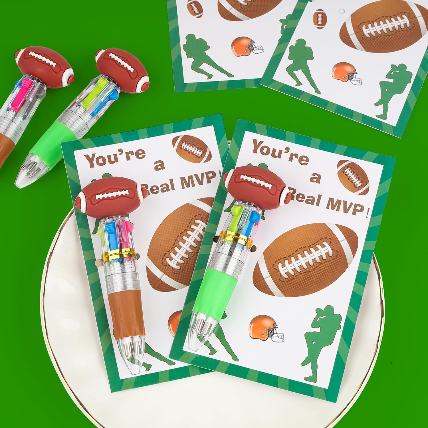 36 Sets End of the Year Gifts from Teacher, Football 4-in-1 Multicolor Pens with Positive Cards, Student Gift from Teacher Bulk, End of Year Gifts for Students Prizes Birthday Goodie Bags Stuffers