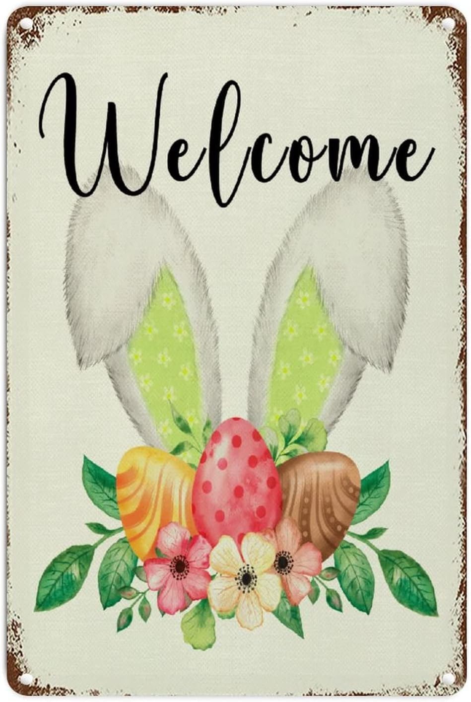Kwqdozf As Pic Welcome Easter Bunny Sign Rabbit Flower Ear Easter Egg Vintage Metal Alumin