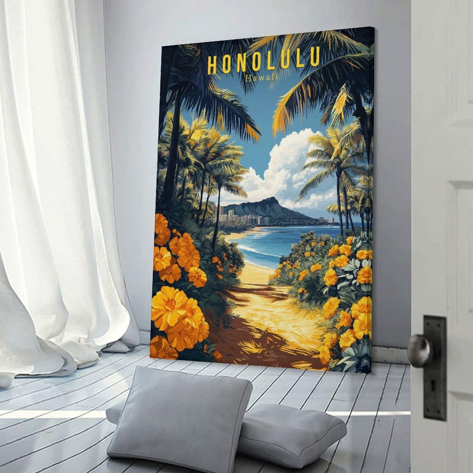 Junmoney Honolulu Hawaii Travel Wall Art Print, 20x30inch(50x75cm), for Lounge Decor, Bedroom Walls Or Flats, Decorative Artwork for Empty Walls