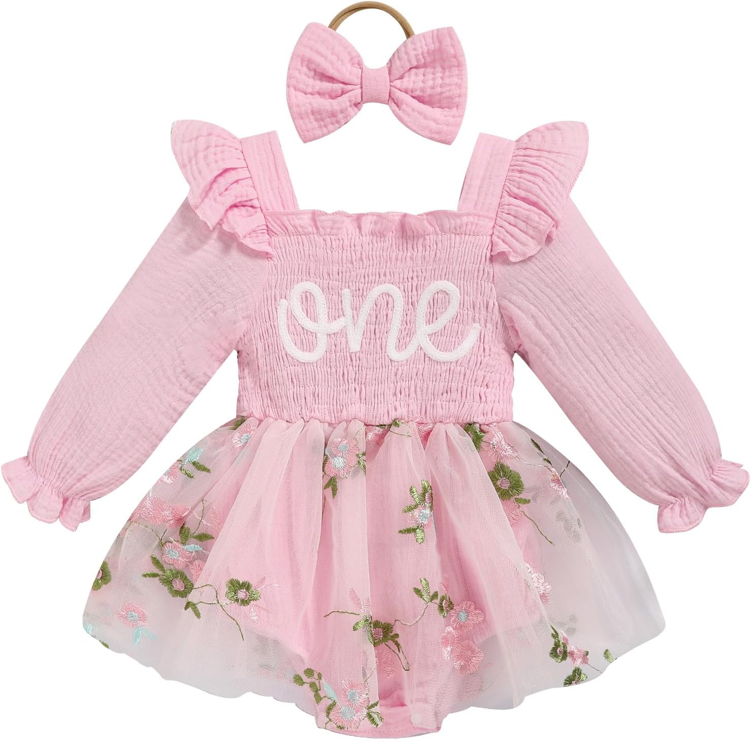 TITKKOP Baby Girl 1st Birthday Clothes One Year Old Tulle Romper Long Sleeve Bodysuit Cake Smash Outfits