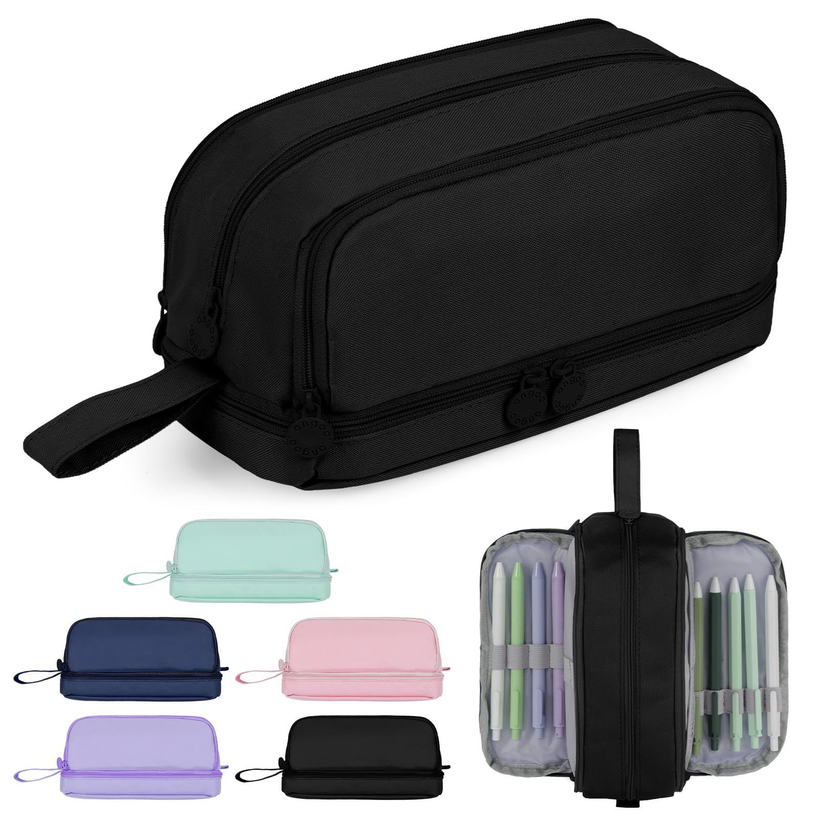 AOOSU Large Capacity Pencil Case, Pencil Case 4 Compartments with Zipper Portable Handle, Beautiful Stationery Organizer for Boys Girls Teen College Students School Adults & Office Supplies Black