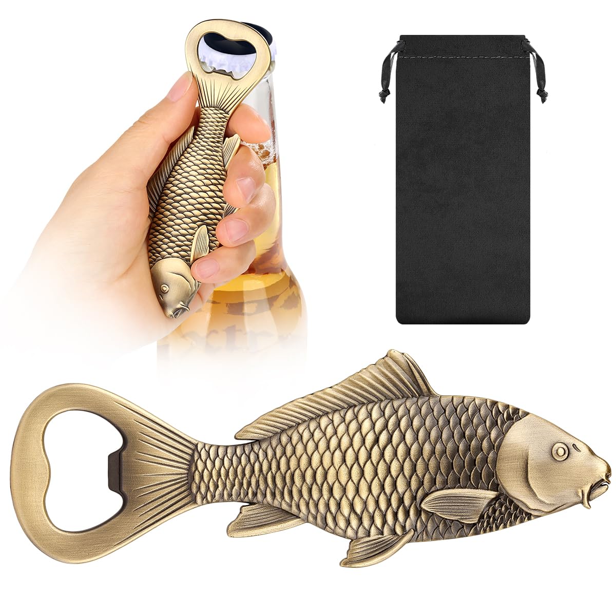 MR.BARWARE Carp Fish Bottle Opener – Fishing Gift for Him, Dad, Beer Enthusiasts – Bronze Fish-Shaped Bar Tool with Gift Bag – Ideal Birthday, Father’s Day, Xmas Gifts