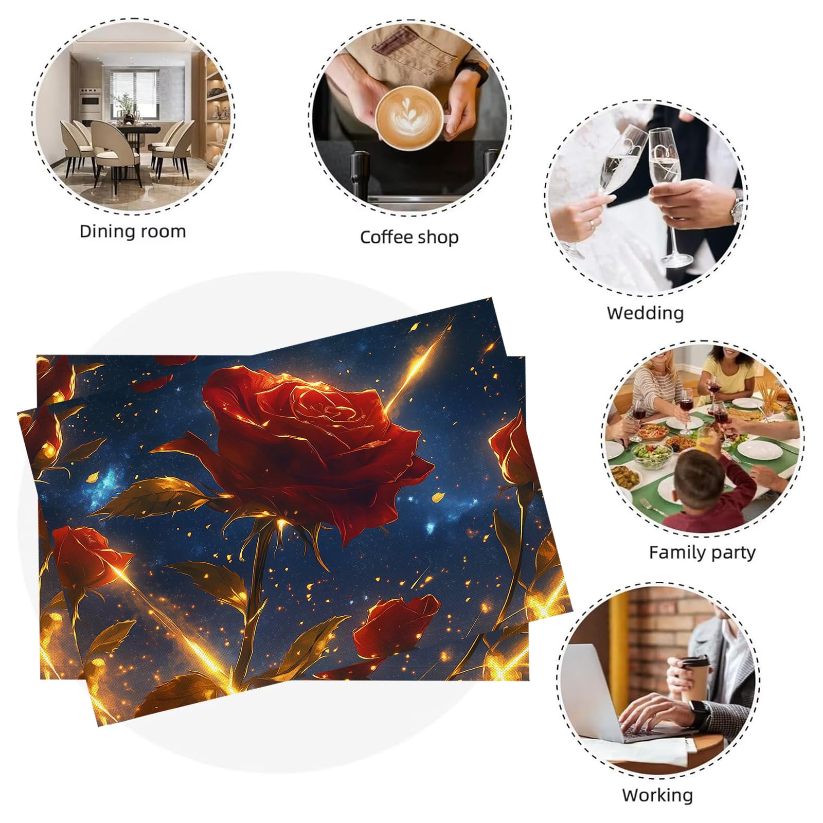 8 Pezzi Tovagliette Americana Cielo stellato - Tovaglietta Americane in Cotone e Lino Rose rosse e foglie dorate Lavabili Sottopiatto per Sala da Pranzo Tavolo da Cucina 45 ×30 cm