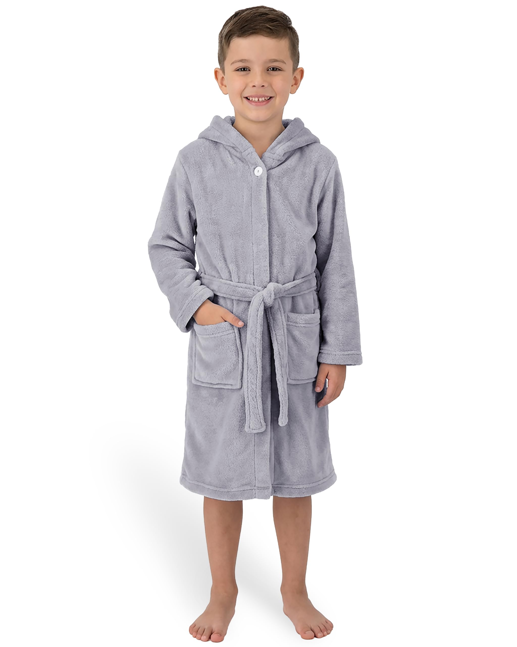 Gräfenstayn Bademantel Kinder & Teenager aus Fleece mit Knopf und Kapuze– OEKO-TEX 100 – Flauschiger Kinderbademantel für Jungen & Mädchen (170-176 hellgrau)