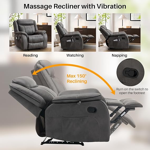 Massage Recliner Chair with Heat, Faux Leather Recliner Chairs for Adults, 39 Wide Manual Reclining Ergonomic Lounge Chair, Overstuffed Wall Hugger Recliners for Living Room, Grey