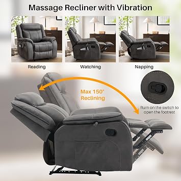 Massage Recliner Chair with Heat, Faux Leather Recliner Chairs for Adults, 39 Wide Manual Reclining Ergonomic Lounge Chair, Overstuffed Wall Hugger Recliners for Living Room, Grey